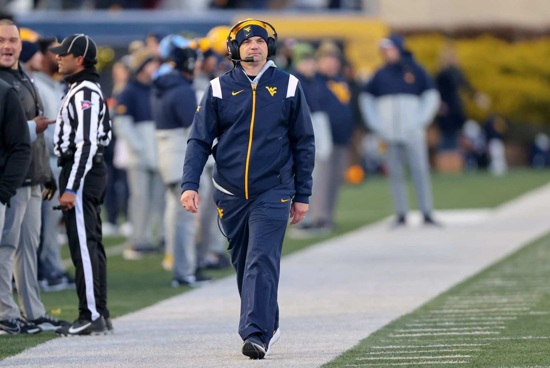 MORGANTOWN, WV - NOVEMBER 19: West Virginia Mountaineers head coach Neal Brown on the sideline during the fourth quarter of the college football game between the Kansas State Wildcats and the West Virginia Mountaineers on November 19, 2022, at Mountaineer Field at Milan Puskar Stadium in Morgantown, WV. (Photo by Frank Jansky/Icon Sportswire via Getty Images)