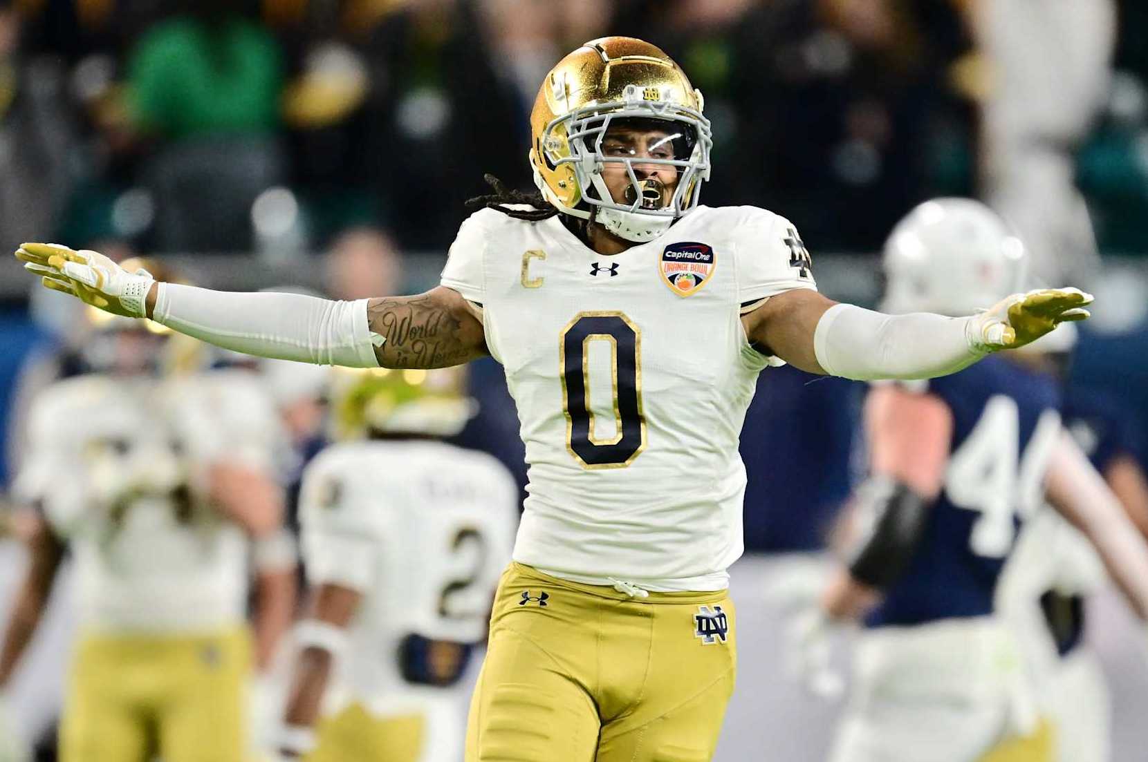 MIAMI GARDENS, FLORIDA - JANUARY 9: Xavier Watts #0 of the Notre Dame Fighting Irish reacts after a third down stop against the Penn State Nittany Lions during the first half of the 2025 Orange Bowl at Hard Rock Stadium on January 9, 2025 in Miami Gardens, Florida. (Photo by CFP/Getty Images)