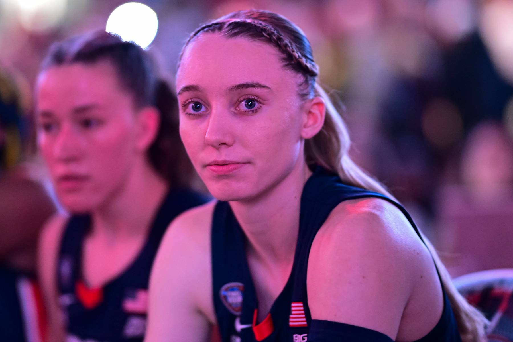 CLEVELAND, OHIO - APRIL 5: Paige Bueckers #5 of the UConn Huskies sits on the bench during player introductions against the Iowa Hawkeyes during the NCAA Women's Basketball Tournament Final Four semifinal game at Rocket Mortgage Fieldhouse on April 5, 2024 in Cleveland, Ohio. (Photo by Ben Solomon/NCAA Photos via Getty Images)