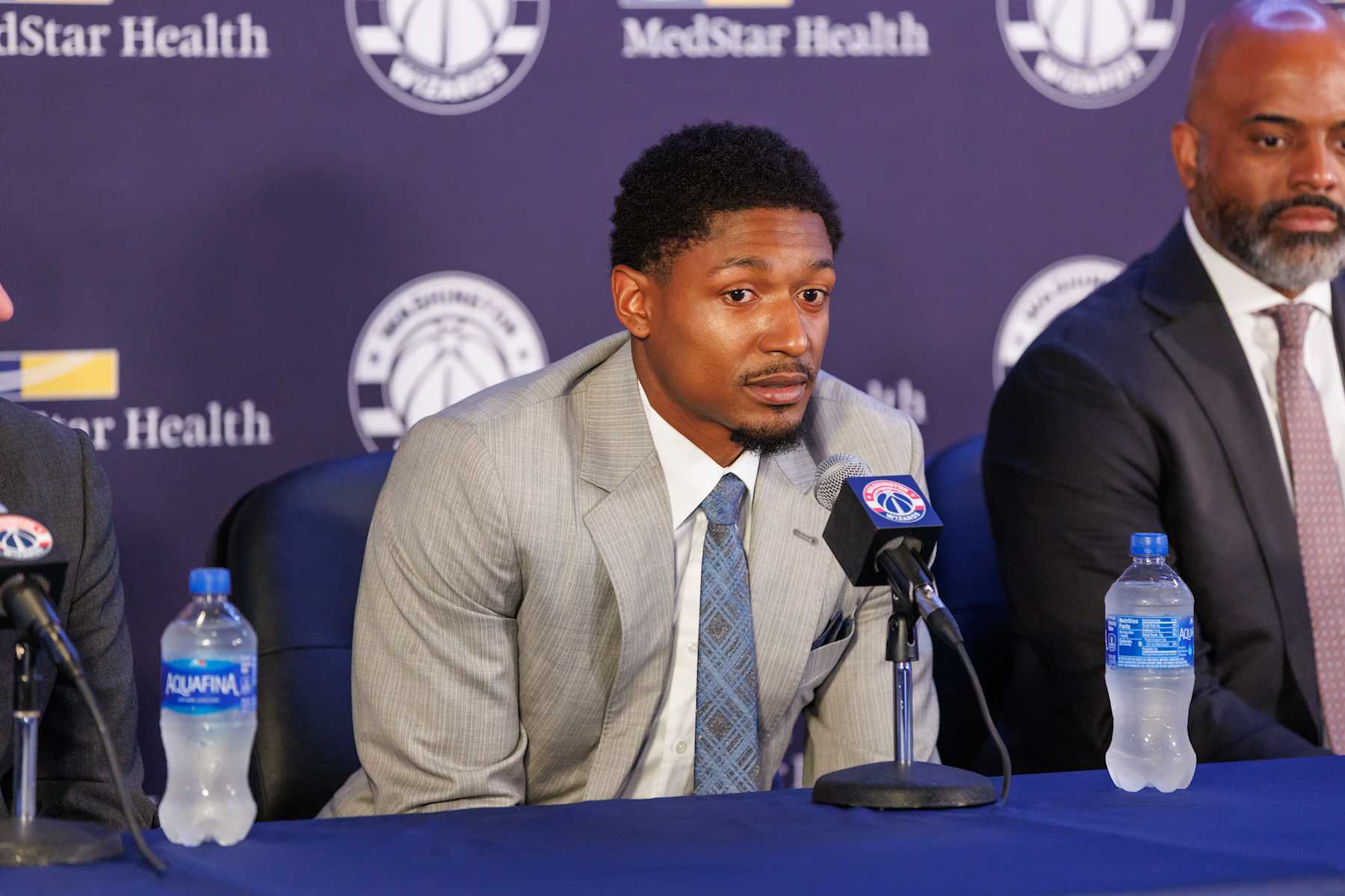 WASHINGTON, DC -  JULY 8: Bradley Beal #3 of the Washington Wizards talks to the media during press conference on July 8, 2022 at Capital One Arena in Washington, DC. NOTE TO USER: User expressly acknowledges and agrees that, by downloading and or using this Photograph, user is consenting to the terms and conditions of the Getty Images License Agreement. Mandatory Copyright Notice: Copyright 2022 NBAE (Photo by Avi Gerver/NBAE via Getty Images)