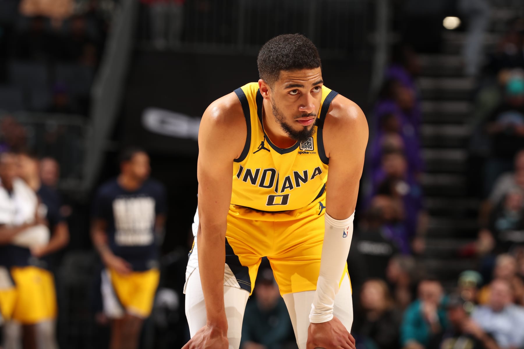 CHARLOTTE, NC - February 12: Tyrese Haliburton #0 of the Indiana Pacers looks on during the game against the Charlotte Hornets on February 12, 2024 at Spectrum Center in Charlotte, North Carolina. NOTE TO USER: User expressly acknowledges and agrees that, by downloading and or using this photograph, User is consenting to the terms and conditions of the Getty Images License Agreement. Mandatory Copyright Notice: Copyright 2024 NBAE (Photo by Kent Smith/NBAE via Getty Images)