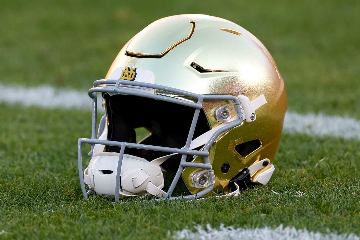 STANFORD, CALIFORNIA - NOVEMBER 25: Detailed view of a Notre Dame Fighting Irish helmet prior to a game against the Stanford Cardinal at Stanford Stadium on November 25, 2023 in Stanford, California. (Photo by Brandon Sloter/Image Of Sport/Getty Images)