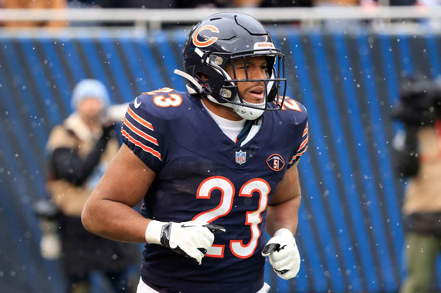 CHICAGO, ILLINOIS - DECEMBER 31: Roschon Johnson #23 of the Chicago Bears celebrates after a touchdown in the game against the Atlanta Falcons at Soldier Field on December 31, 2023 in Chicago, Illinois. (Photo by Justin Casterline/Getty Images)