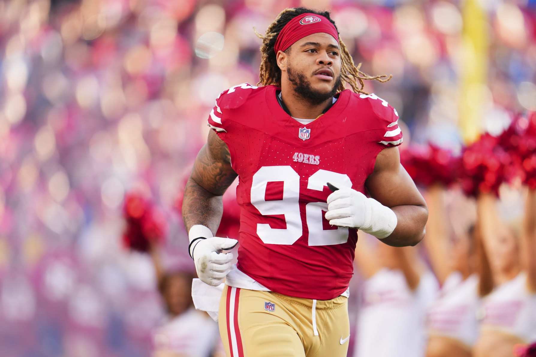 SANTA CLARA, CA - JANUARY 28: Chase Young #92 of the San Francisco 49ers takes the field before kickoff against the Detroit Lions during the NFC Championship football game at Levi's Stadium on January 28, 2024 in Santa Clara, California. (Photo by Cooper Neill/Getty Images)