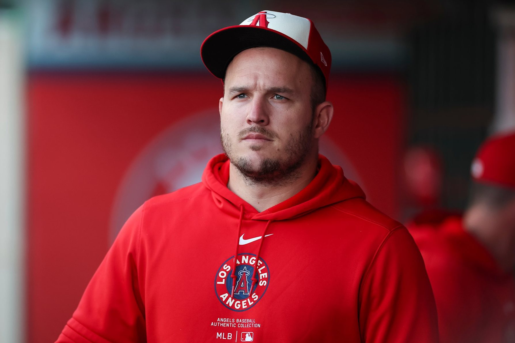 ANAHEIM, CALIFORNIA - JUNE 5: Mike Trout #27 of the Los Angeles Angels looks on in the dugout prior to a game against the San Diego Padres at Angel Stadium of Anaheim on June 5, 2024 in Anaheim, California. (Photo by Brandon Sloter/Getty Images)