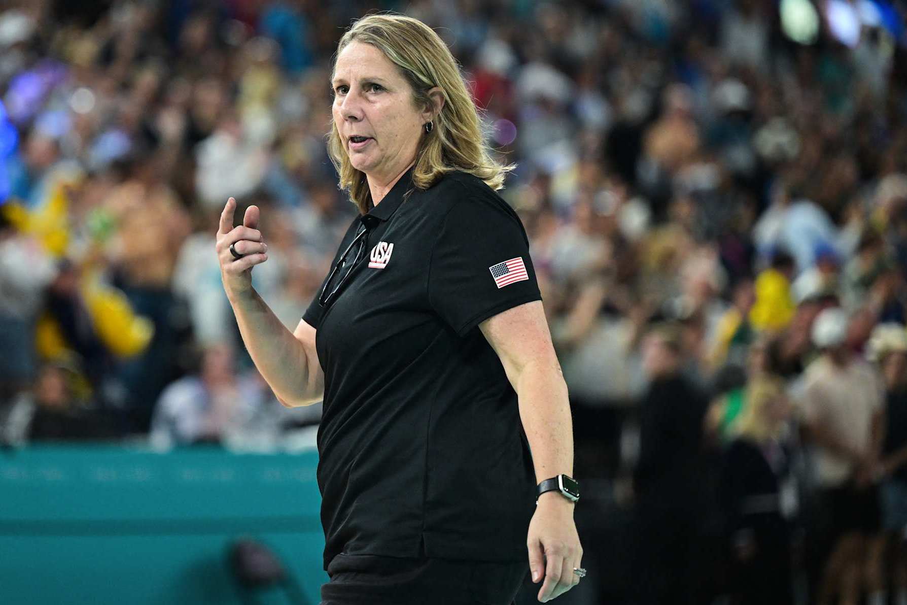 USA's coach Cheryl Reeve reacts at the end of the women's semifinal basketball match between USA and Australia during the Paris 2024 Olympic Games at the Bercy Arena in Paris on August 9, 2024. (Photo by Damien MEYER / AFP) (Photo by DAMIEN MEYER/AFP via Getty Images)
