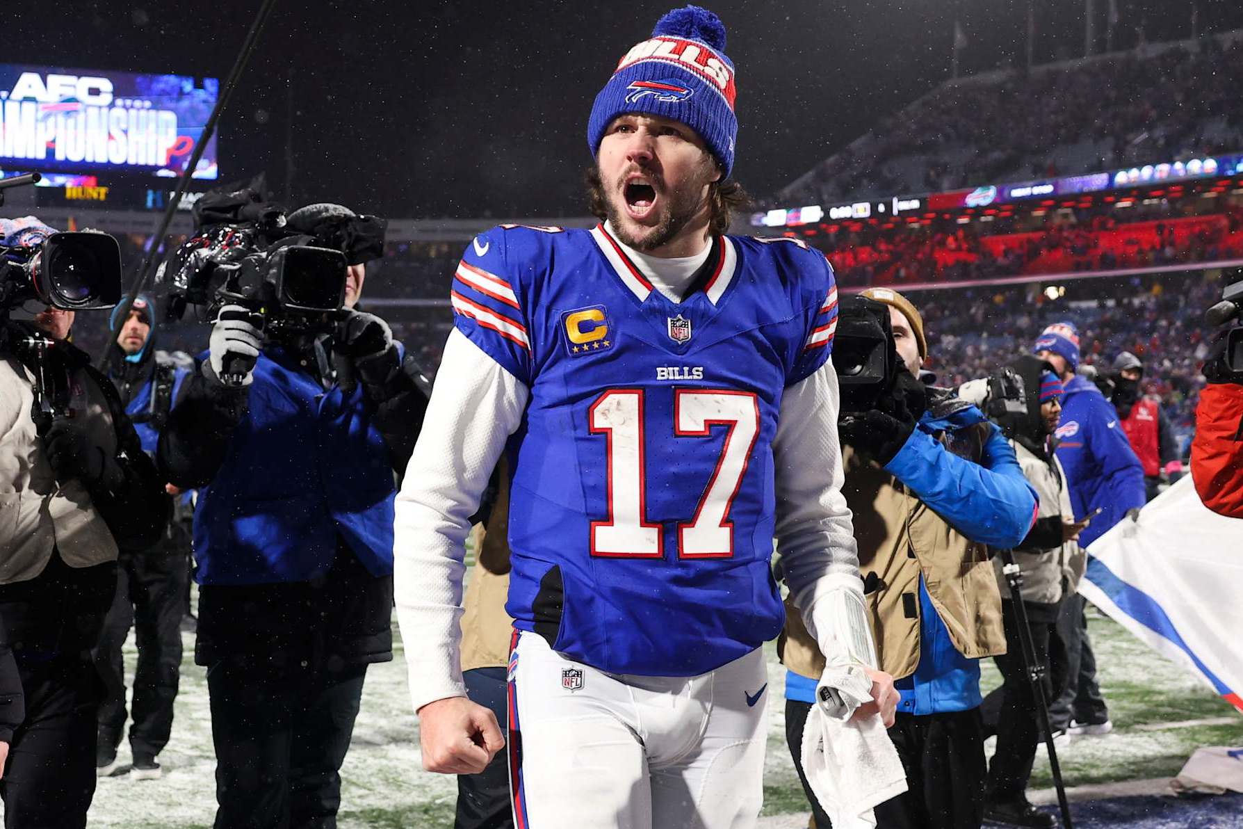ORCHARD PARK, NEW YORK - JANUARY 19: Josh Allen #17 of the Buffalo Bills celebrates after a victory in the AFC Divisional Playoff against the Baltimore Ravens at Highmark Stadium on January 19, 2025 in Orchard Park, New York. (Photo by Kathryn Riley/Getty Images)