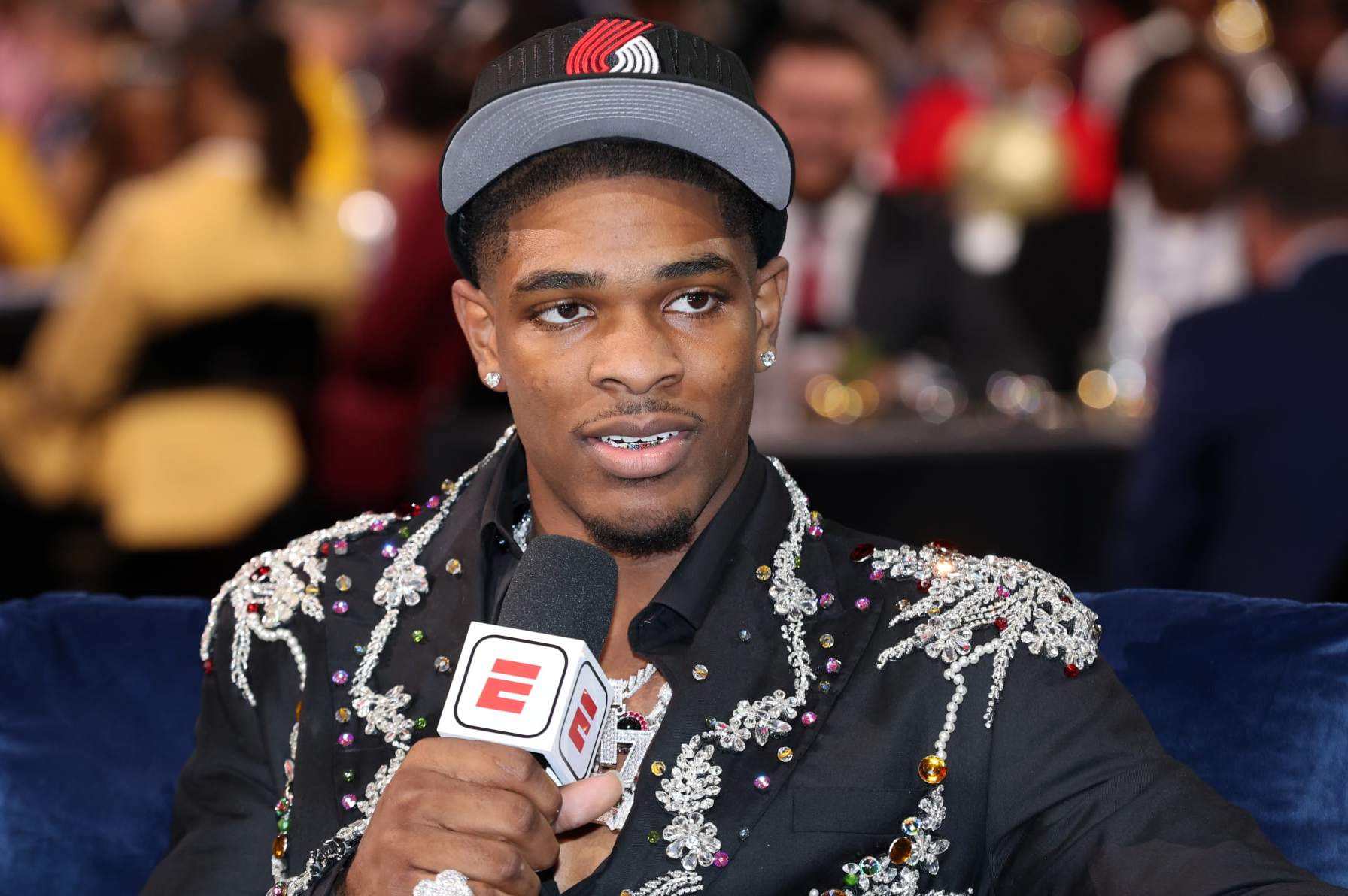 BROOKLYN, NY - JUNE 22: Scoot Henderson is interviewed after being selected third overall by the Portland Trail Blazers during the 2023 NBA Draft on June 22, 2023 at Barclays Center in Brooklyn, New York. NOTE TO USER: User expressly acknowledges and agrees that, by downloading and or using this photograph, User is consenting to the terms and conditions of the Getty Images License Agreement. Mandatory Copyright Notice: Copyright 2023 NBAE (Photo by Jeff Haynes/NBAE via Getty Images)