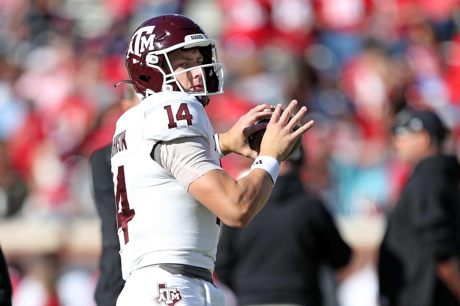 OXFORD, MISSISSIPPI - NOVEMBER 04: Max Johnson #14 of the Texas A&M Aggies warms up before the game against the Mississippi Rebels at Vaught-Hemingway Stadium on November 04, 2023 in Oxford, Mississippi. (Photo by Justin Ford/Getty Images)