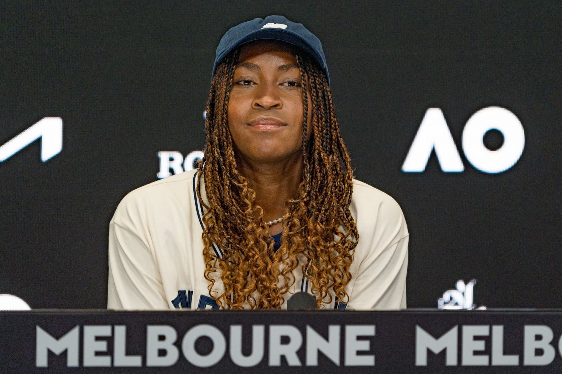 MELBOURNE, AUSTRALIA - JANUARY 12: Coco Gauff of United States speaks during a press conference ahead of the 2024 Australian Open at Melbourne Park on January 12, 2024 in Melbourne, Australia. (Photo by Andy Cheung/Getty Images)