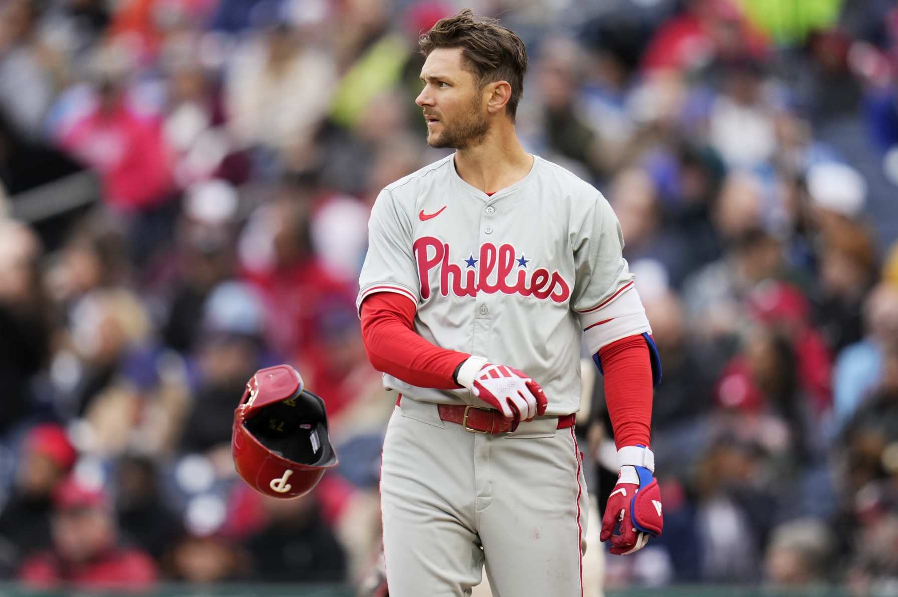 WASHINGTON, DC - APRIL 06: Trea Turner #7 of the Philadelphia Phillies tosses his helmet after striking out against the Washington Nationals during the fifth inning at Nationals Park on April 06, 2024 in Washington, DC. (Photo by Jess Rapfogel/Getty Images)