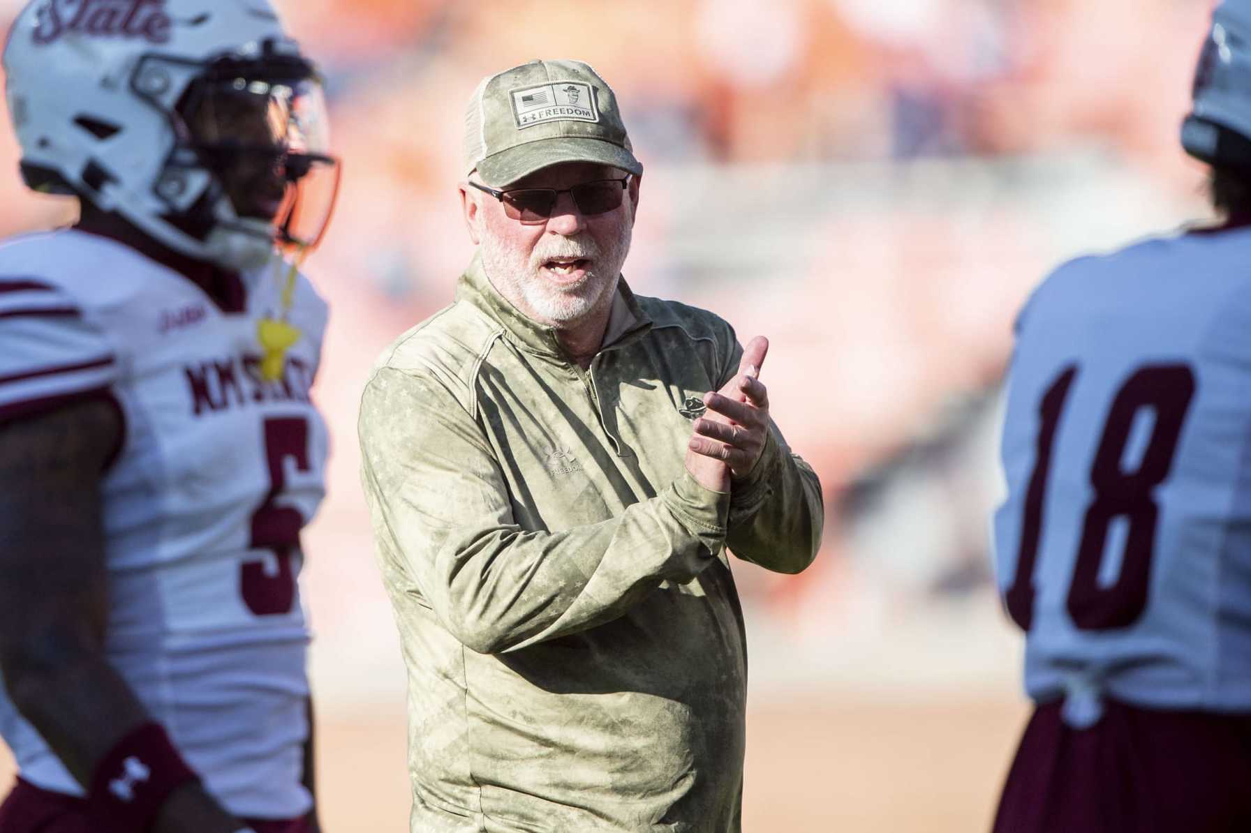 AUBURN, ALABAMA - NOVEMBER 18: Head coach Jerry Kill of the New Mexico State Aggies prior to their game against the Auburn Tigers at Jordan-Hare Stadium on November 18, 2023 in Auburn, Alabama. (Photo by Michael Chang/Getty Images)