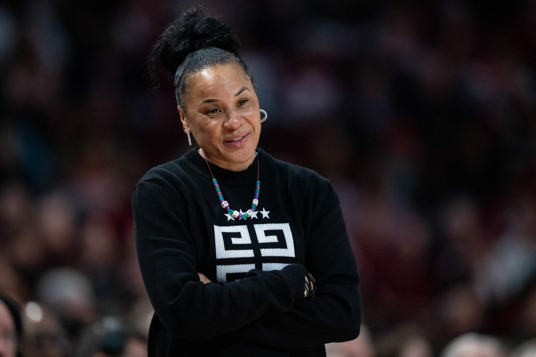 COLUMBIA, SOUTH CAROLINA - FEBRUARY 18: Head coach Dawn Staley of the South Carolina Gamecocks looks on during their game against the Georgia Lady Bulldogs at Colonial Life Arena on February 18, 2024 in Columbia, South Carolina. (Photo by Jacob Kupferman/Getty Images)