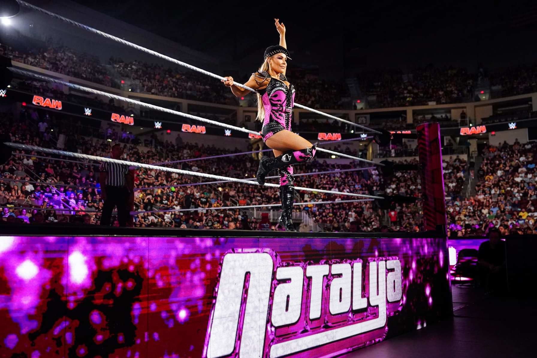 HERSHEY, PENNSYLVANIA - JUNE 3: Natalya enters the ring during Monday Night RAW at Giant Center on June 3, 2024 in Hershey, Pennsylvania.  (Photo by WWE/Getty Images)