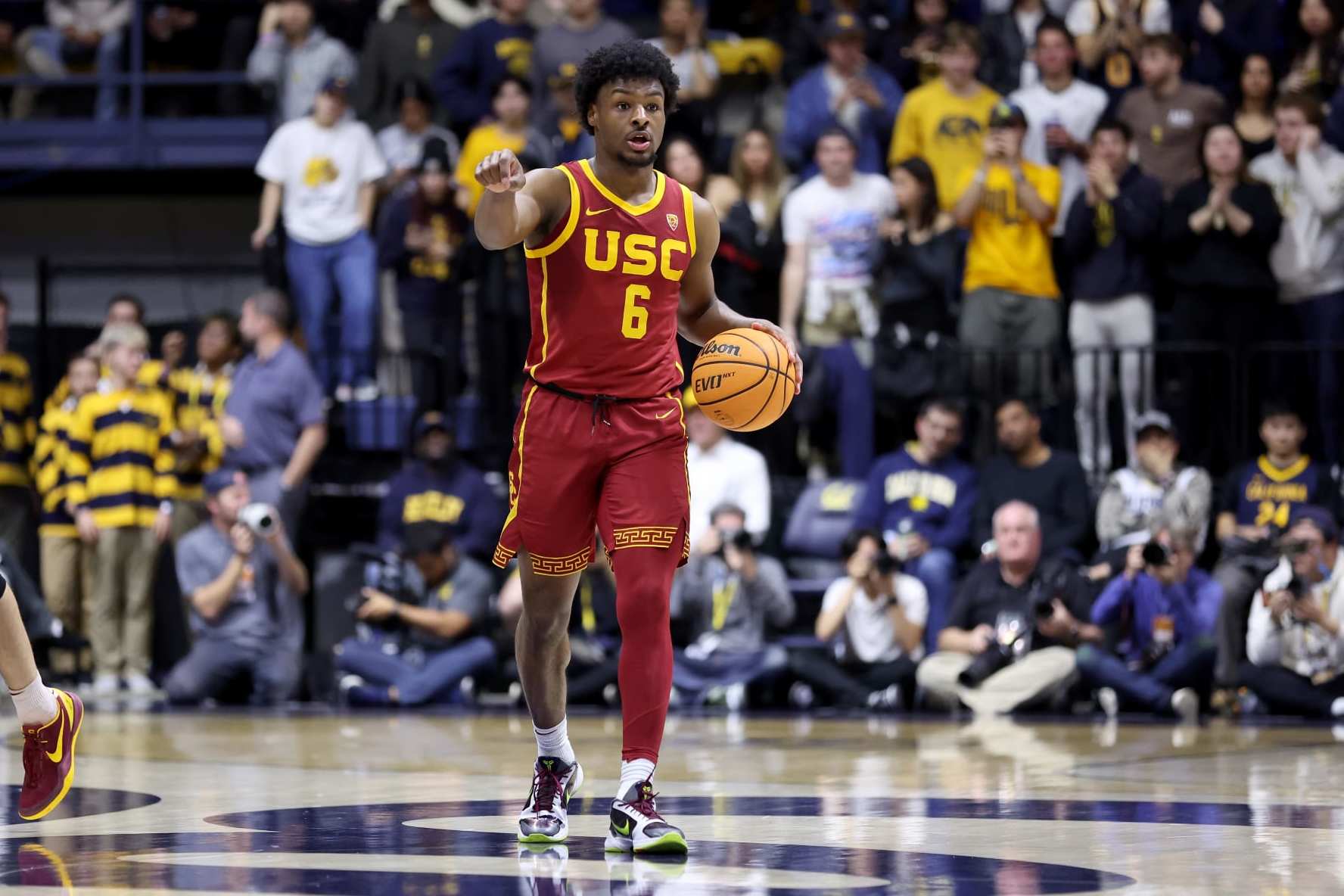 BERKELEY, CALIFORNIA - FEBRUARY 07: Bronny James #6 of the USC Trojans dribbles the ball down court against the California Golden Bears in the first half at Haas Pavilion on February 07, 2024 in Berkeley, California. (Photo by Ezra Shaw/Getty Images)