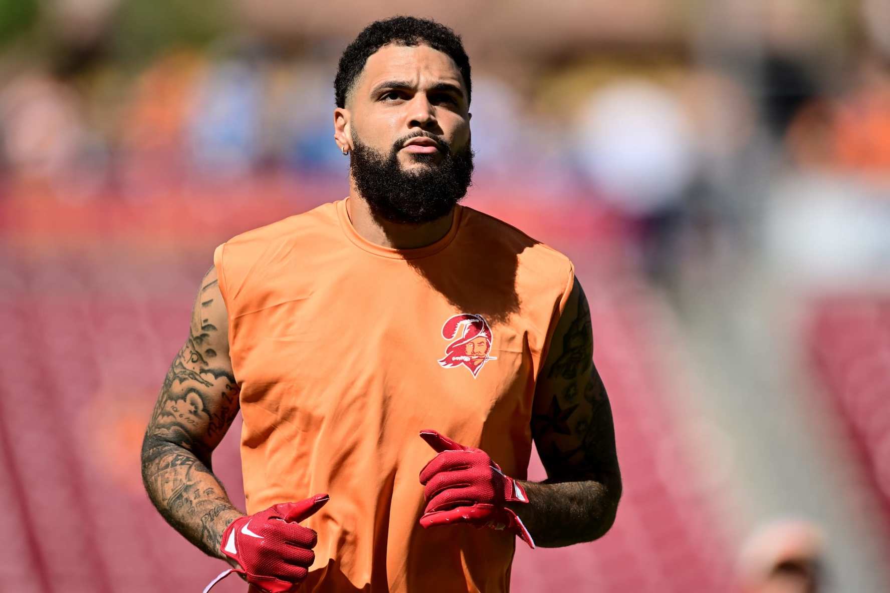 TAMPA, FLORIDA - OCTOBER 15: Mike Evans #13 of the Tampa Bay Buccaneers looks on prior to a game against the Detroit Lions at Raymond James Stadium on October 15, 2023 in Tampa, Florida. (Photo by Julio Aguilar/Getty Images)