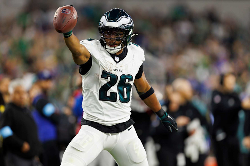 INGLEWOOD, CALIFORNIA - NOVEMBER 24: Running back Saquon Barkley #26 of the Philadelphia Eagles celebrates a first-down during the second half of an NFL football game against the Los Angeles Rams, at SoFi Stadium on November 24, 2024 in Inglewood, California. (Photo by Brooke Sutton/Getty Images)