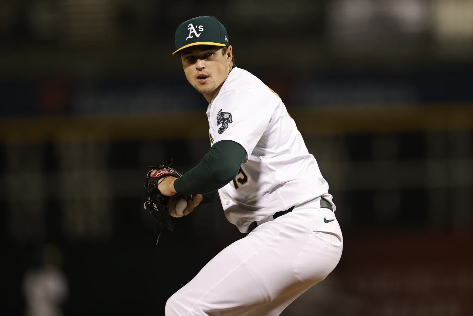 OAKLAND, CA - JUNE 19: Mason Miller #19 of the Oakland Athletics pitches during the game against the Kansas City Royals at the Oakland Coliseum on June 19, 2024 in Oakland, California. The Athletics defeated the Royals 5-1. (Photo by Michael Zagaris/Oakland Athletics/Getty Images)