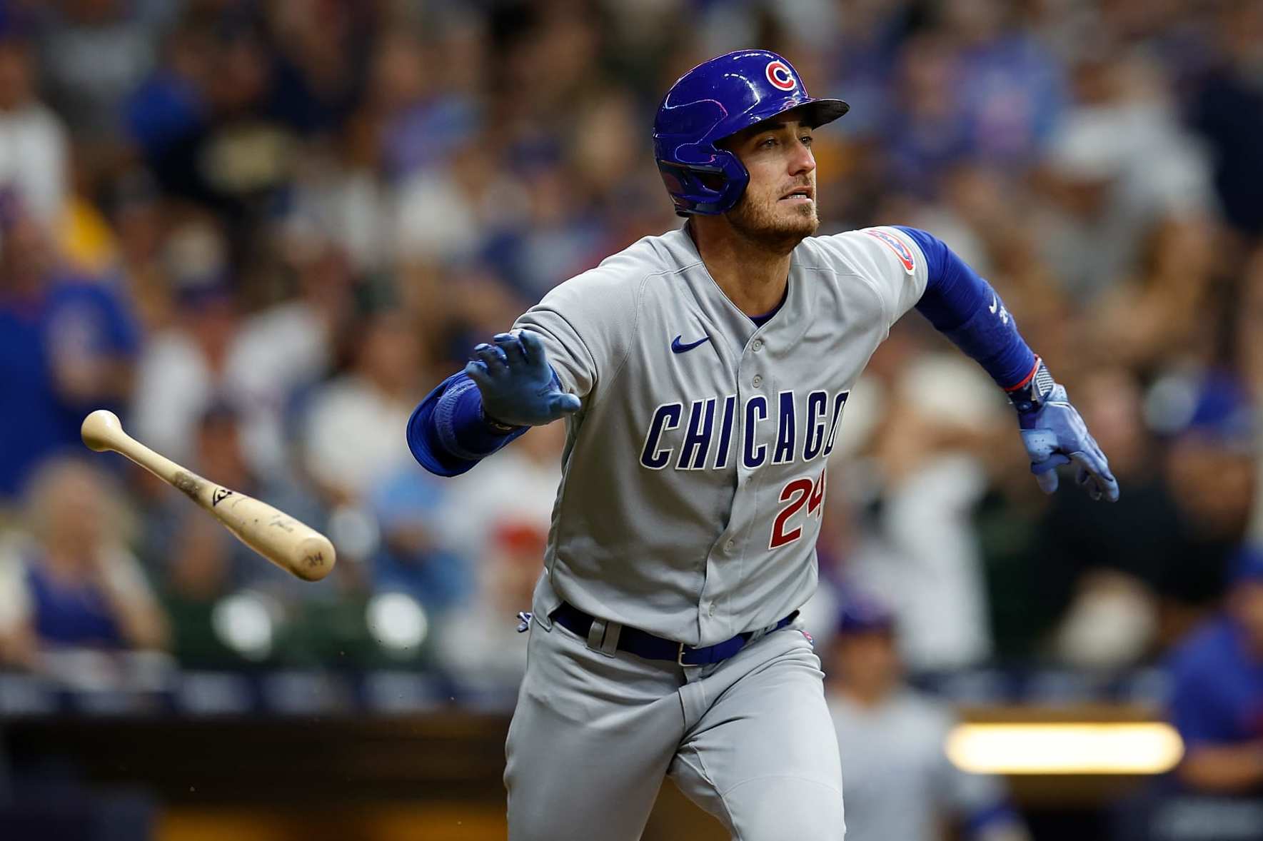 MILWAUKEE, WISCONSIN - SEPTEMBER 30: Cody Bellinger #24 of the Chicago Cubs hits a run-scoring double in the fourth inning against the Milwaukee Brewers at American Family Field on September 30, 2023 in Milwaukee, Wisconsin. (Photo by John Fisher/Getty Images)