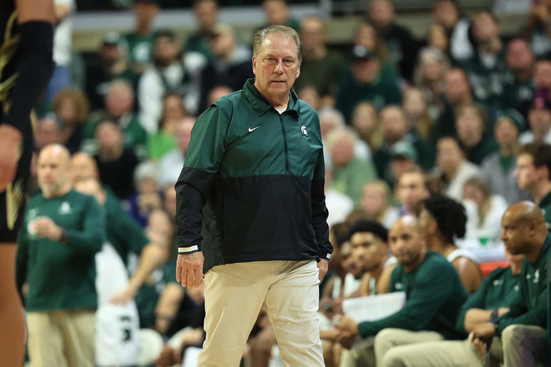 EAST LANSING, MICHIGAN - DECEMBER 18:  Head coach Tom Izzo of the Michigan State Spartans looks on during the second half against the Oakland Golden Grizzlies at Breslin Center on December 18, 2023 in East Lansing, Michigan. (Photo by Rey Del Rio/Getty Images)