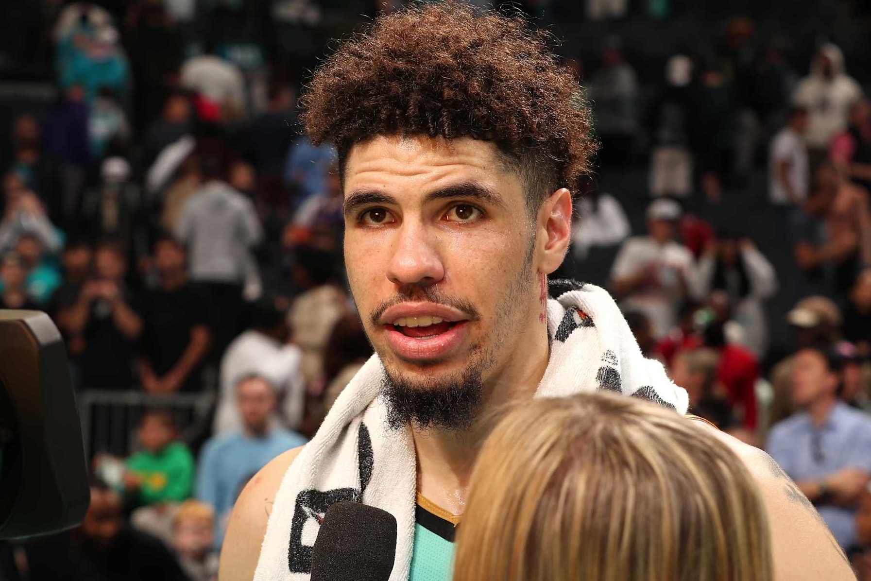 CHARLOTTE, NC - NOVEMBER 16: LaMelo Ball #1 of the Charlotte Hornets talks to the media after the game against the Milwaukee Bucks on November 16, 2024 at Spectrum Center in Charlotte, North Carolina. NOTE TO USER: User expressly acknowledges and agrees that, by downloading and or using this photograph, User is consenting to the terms and conditions of the Getty Images License Agreement. Mandatory Copyright Notice: Copyright 2024 NBAE (Photo by Kent Smith/NBAE via Getty Images)