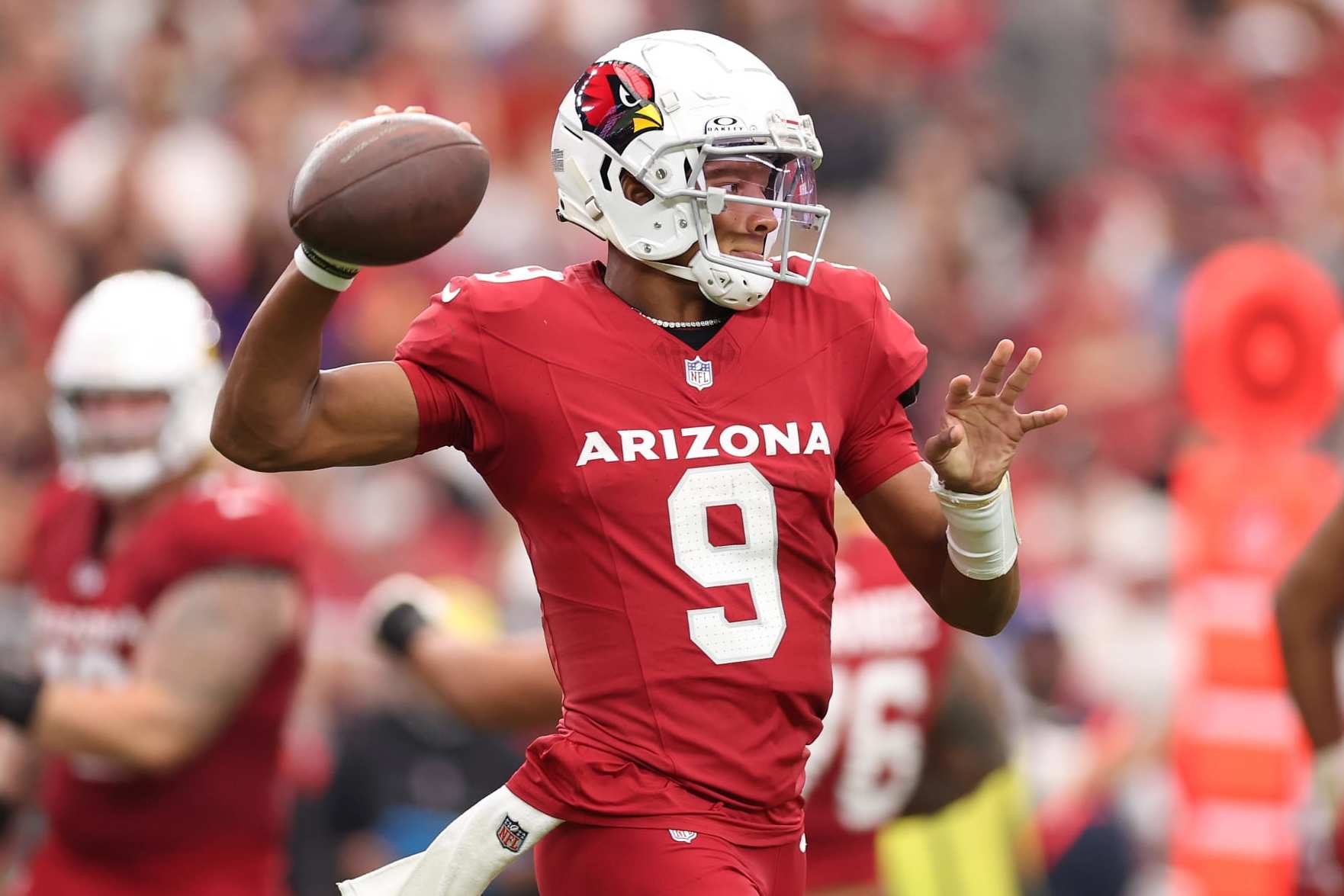 GLENDALE, ARIZONA - OCTOBER 29: Joshua Dobbs #9 of the Arizona Cardinals attempts a pass during the first quarter against the Baltimore Ravens at State Farm Stadium on October 29, 2023 in Glendale, Arizona. (Photo by Christian Petersen/Getty Images)