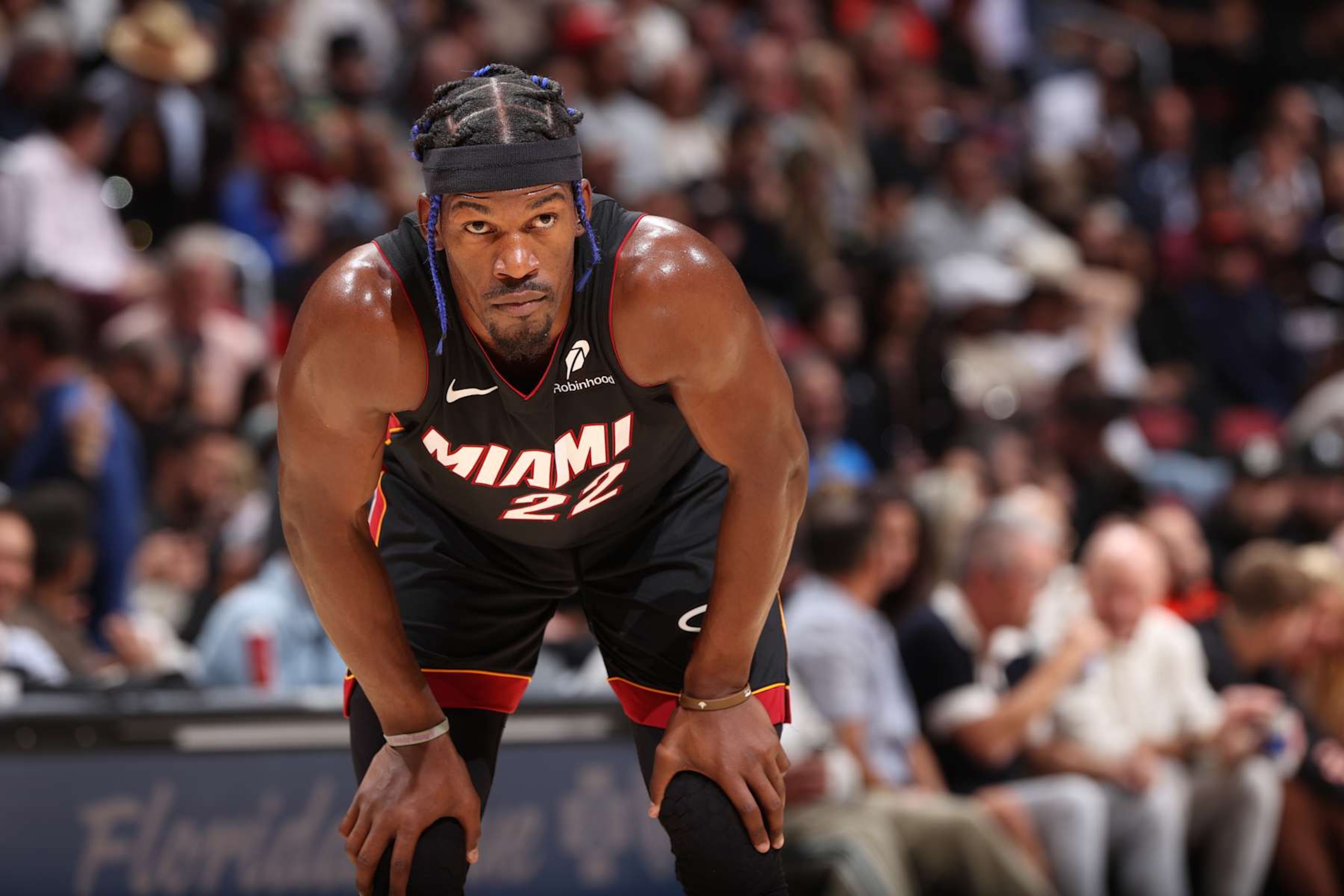 MIAMI, FL - DECEMBER 4: Jimmy Butler #22 of the Miami Heat looks on during the game against the Los Angeles Lakers on December 4, 2024 at Kaseya Center in Miami, Florida. NOTE TO USER: User expressly acknowledges and agrees that, by downloading and or using this Photograph, user is consenting to the terms and conditions of the Getty Images License Agreement. Mandatory Copyright Notice: Copyright 2024 NBAE (Photo by Joe Murphy/NBAE via Getty Images)