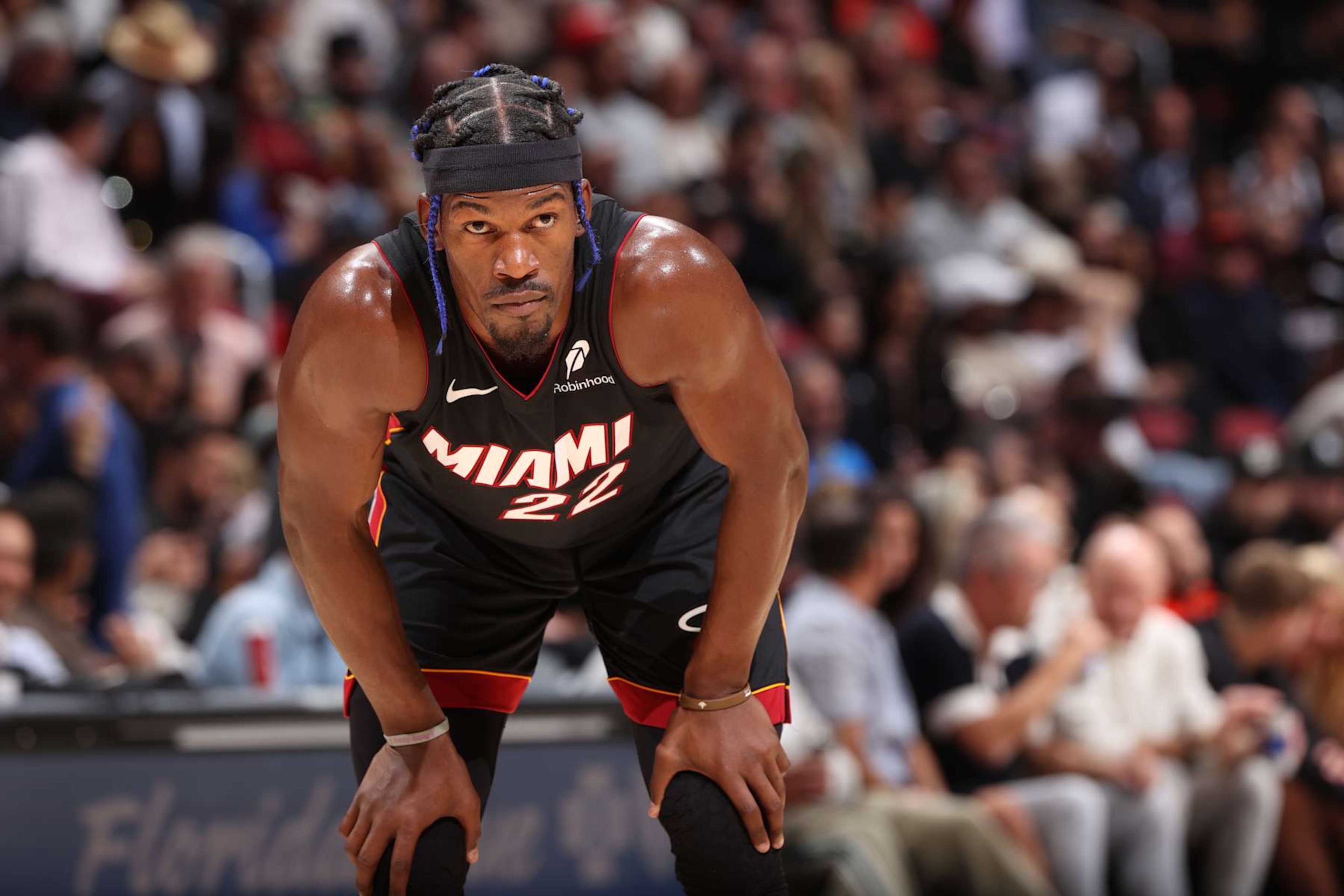 MIAMI, FL - DECEMBER 4: Jimmy Butler #22 of the Miami Heat looks on during the game against the Los Angeles Lakers on December 4, 2024 at Kaseya Center in Miami, Florida. NOTE TO USER: User expressly acknowledges and agrees that, by downloading and or using this Photograph, user is consenting to the terms and conditions of the Getty Images License Agreement. Mandatory Copyright Notice: Copyright 2024 NBAE (Photo by Joe Murphy/NBAE via Getty Images) MIAMI, FL - DECEMBER 4: Jimmy Butler #22 of the Miami Heat looks on during the game against the Los Angeles Lakers on December 4, 2024 at Kaseya Center in Miami, Florida. NOTE TO USER: User expressly acknowledges and agrees that, by downloading and or using this Photograph, user is consenting to the terms and conditions of the Getty Images License Agreement. Mandatory Copyright Notice: Copyright 2024 NBAE (Photo by Joe Murphy/NBAE via Getty Images)