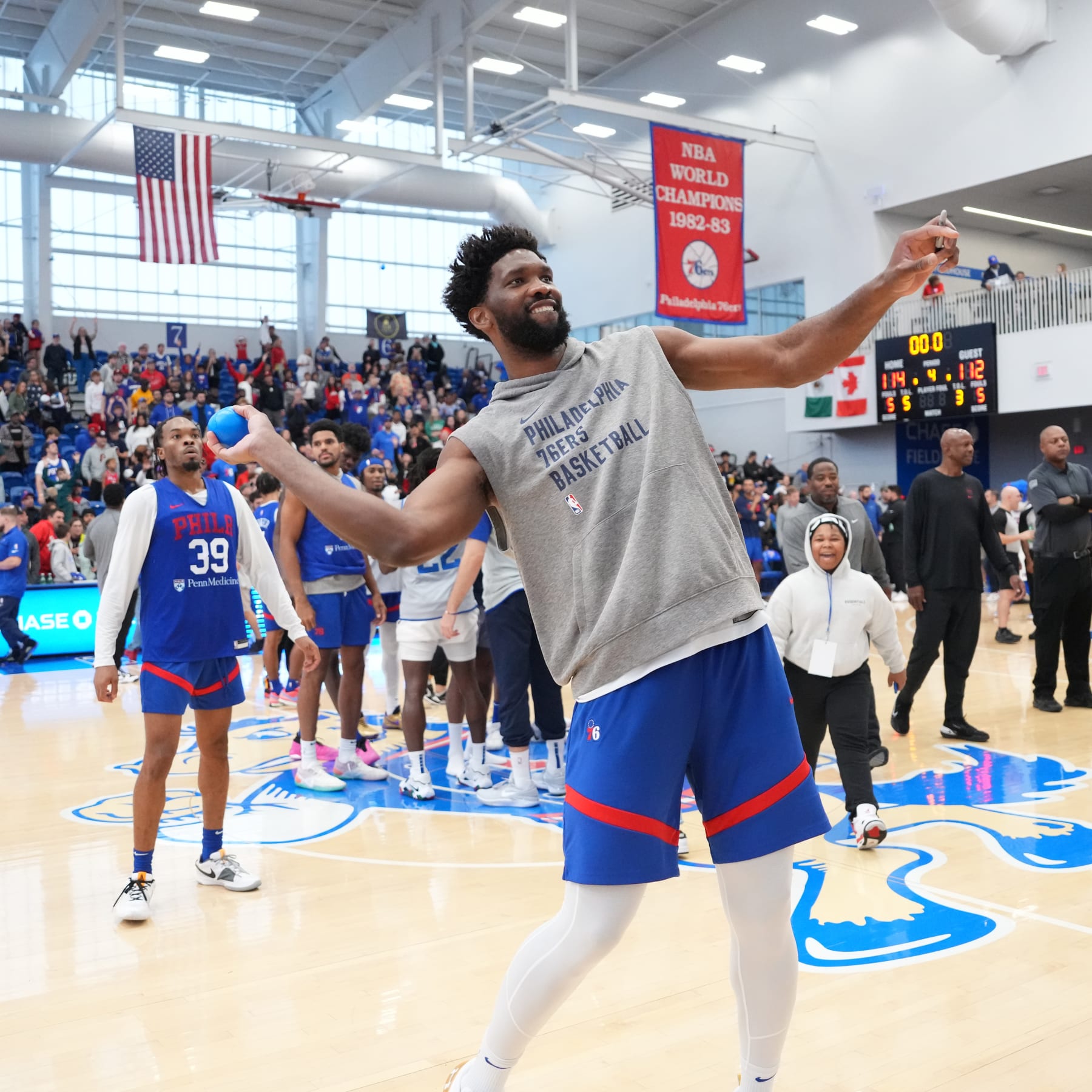 WILMINGTON, DE - OCTOBER 14: Joel Embiid #21 of the Philadelphia 76ers during an open scrimmage on October 14, 2023 at Chase Fieldhouse in Wilmington, Delaware. NOTE TO USER: User expressly acknowledges and agrees that, by downloading and/or using this Photograph, user is consenting to the terms and conditions of the Getty Images License Agreement. Mandatory Copyright Notice: Copyright 2023 NBAE (Photo by Jesse D. Garrabrant/NBAE via Getty Images)