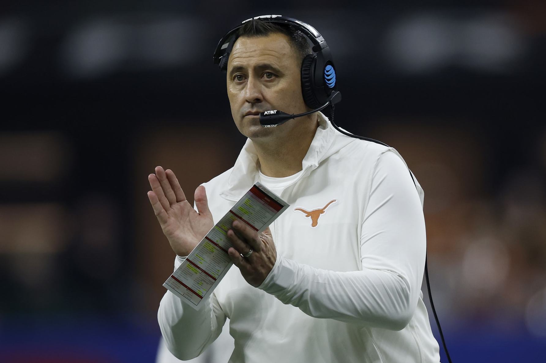 NEW ORLEANS, LOUISIANA - JANUARY 01: Head coach Steve Sarkisian of the Texas Longhorns looks on during the second quarter against the Washington Huskies during the CFP Semifinal Allstate Sugar Bowl at Caesars Superdome on January 01, 2024 in New Orleans, Louisiana. (Photo by Chris Graythen/Getty Images)