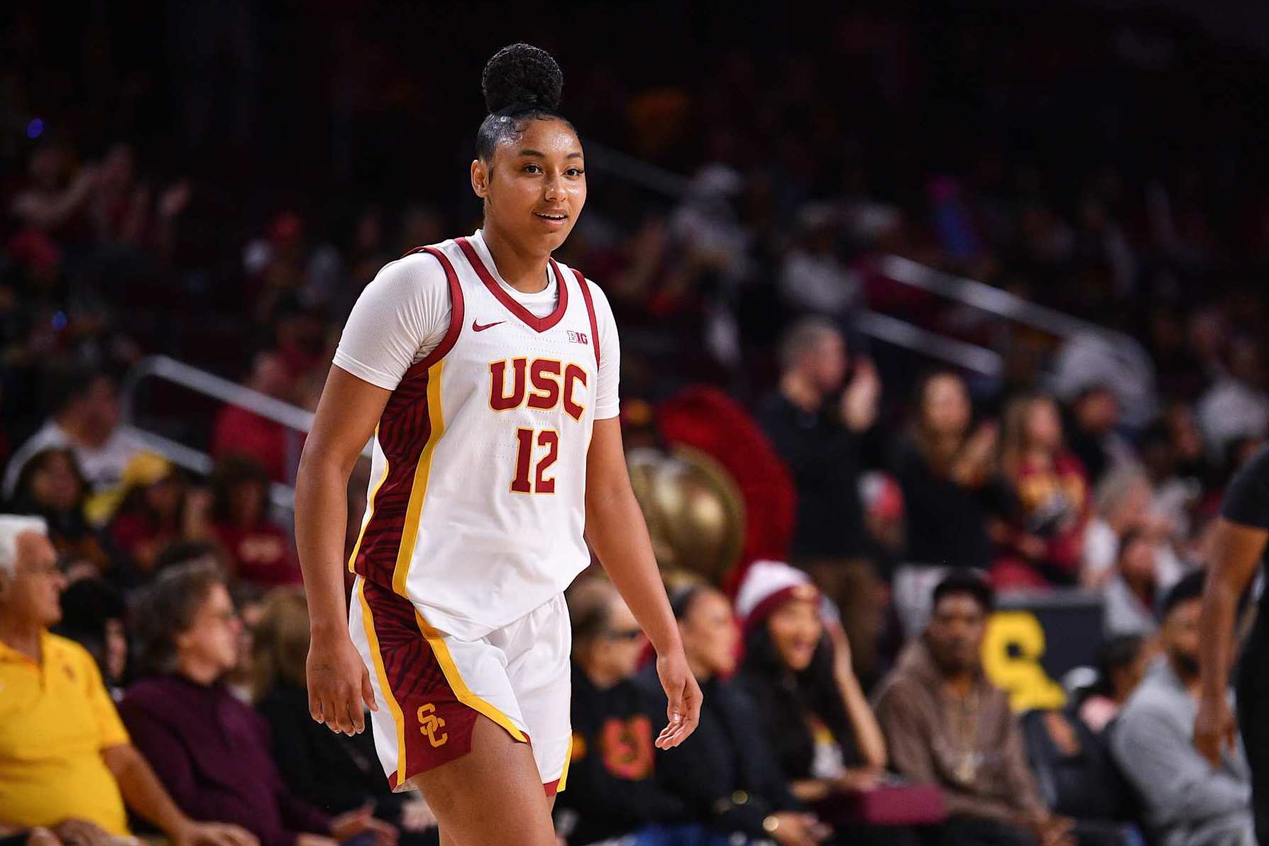 LOS ANGELES, CA - NOVEMBER 09: USC Trojans guard JuJu Watkins (12) looks on during the women's college basketball game between the Cal Poly Mustangs and the USC Trojans on November 9, 2024 at Galen Center in Los Angeles, CA. (Photo by Brian Rothmuller/Icon Sportswire via Getty Images)