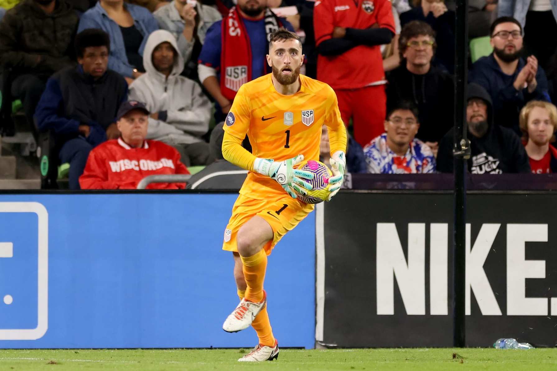 AUSTIN, TEXAS - NOVEMBER 16: Matt Turner #1 of the United States looks to distribute the ball during the second half of a Concacaf Nations League Quarterfinal Round leg 1 match against Trinidad and Tobago at Q2 Stadium on November 16, 2023 in Austin, Texas. (Photo by John Dorton/ISI Photos/USSF/Getty Images for USSF)
