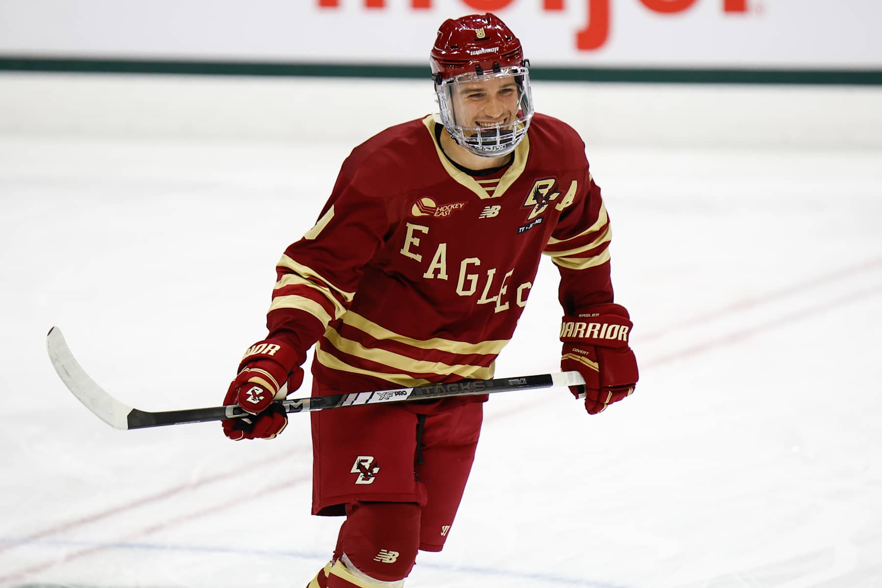 EAST LANSING, MI - OCTOBER 11: Ryan Leonard #9 of Boston College is all smiles before a game between Boston College and Michigan State University at Munn Ice Arena on October 11, 2024 in East Lansing, Michigan. (Photo by Michael Miller/ISI Photos/Getty Images)
