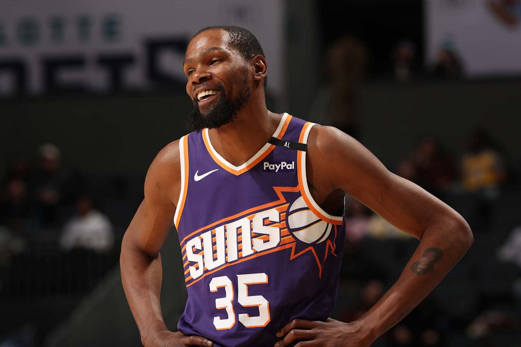 CHARLOTTE, NC - JANUARY 7: Kevin Durant #35 of the Phoenix Suns looks on during the game against the Charlotte Hornets on January 7, 2025 at Spectrum Center in Charlotte, North Carolina. NOTE TO USER: User expressly acknowledges and agrees that, by downloading and or using this photograph, User is consenting to the terms and conditions of the Getty Images License Agreement. Mandatory Copyright Notice: Copyright 2025 NBAE (Photo by Kent Smith/NBAE via Getty Images)