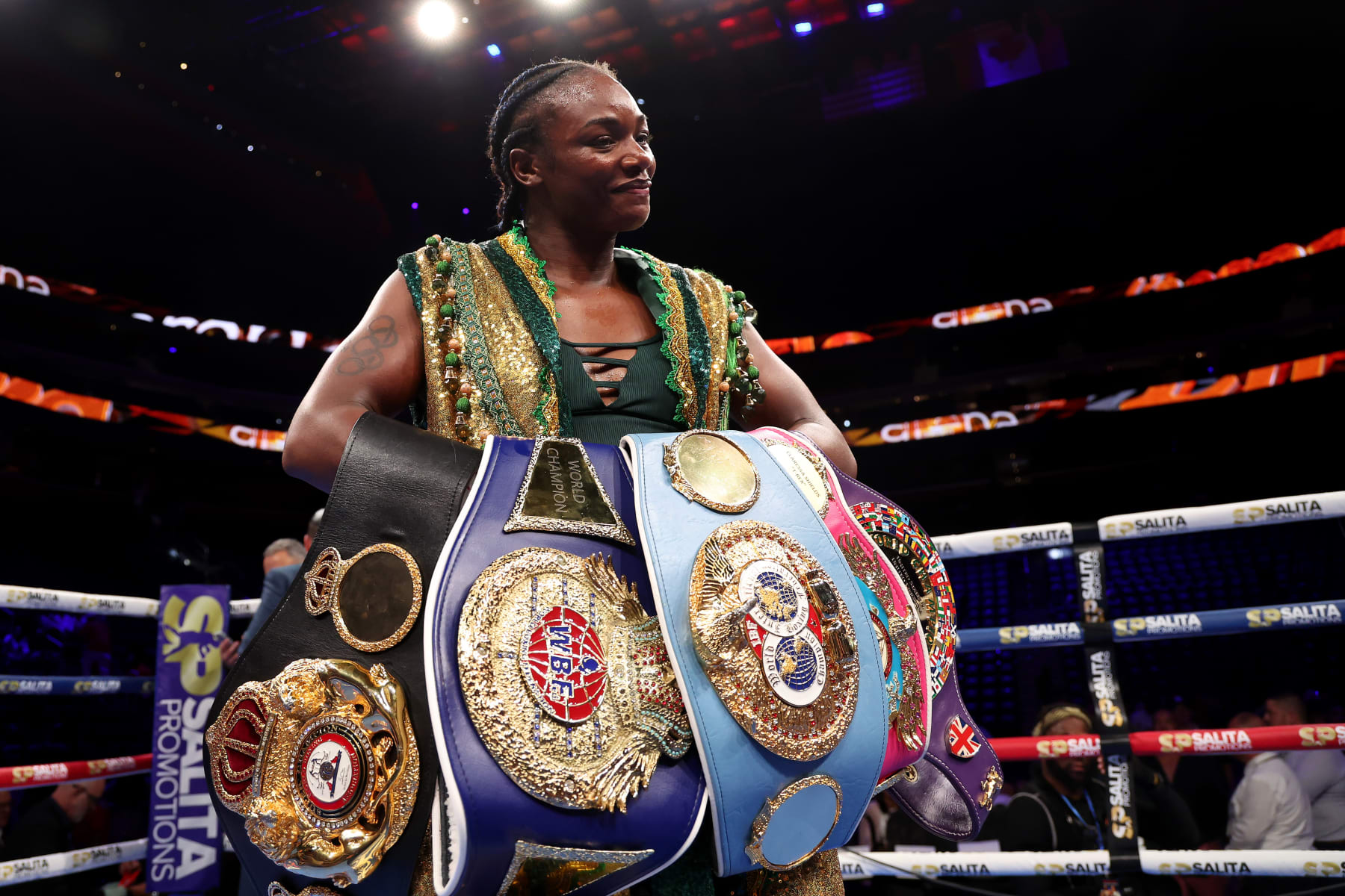 DETROIT, MICHIGAN - JUNE 03: Claressa Shields poses with her belts after her unanimous decision over Maricela Cornejo for the Women's World Middleweight Championship at Little Caesars Arena on June 03, 2023 in Detroit, Michigan. (Photo by Gregory Shamus/Getty Images)
