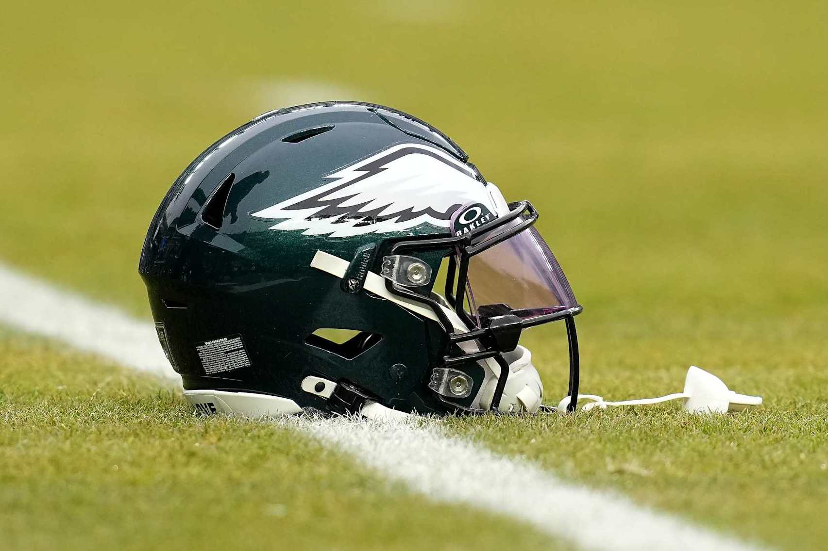 PHILADELPHIA, PENNSYLVANIA - JANUARY 19: A detailed view of a Philadelphia Eagles helmet before the game against the Los Angeles Rams during the NFC Divisional Playoff at Lincoln Financial Field on January 19, 2025 in Philadelphia, Pennsylvania. (Photo by Mitchell Leff/Getty Images)