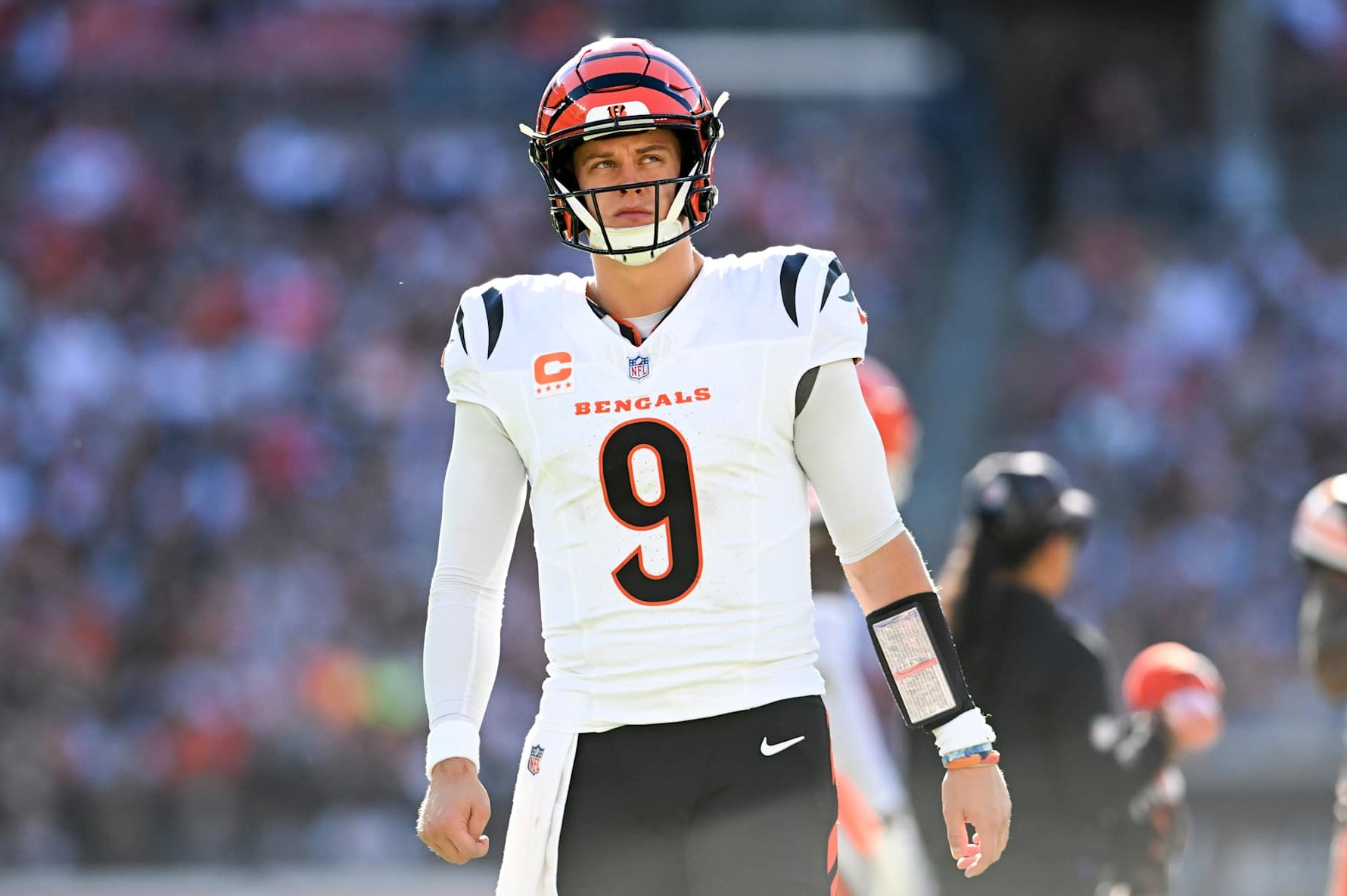 CLEVELAND, OHIO - OCTOBER 20: Joe Burrow #9 of the Cincinnati Bengals looks on during the fourth quarter against the Cleveland Browns at Huntington Bank Field on October 20, 2024 in Cleveland, Ohio. (Photo by Nick Cammett/Diamond Images via Getty Images)