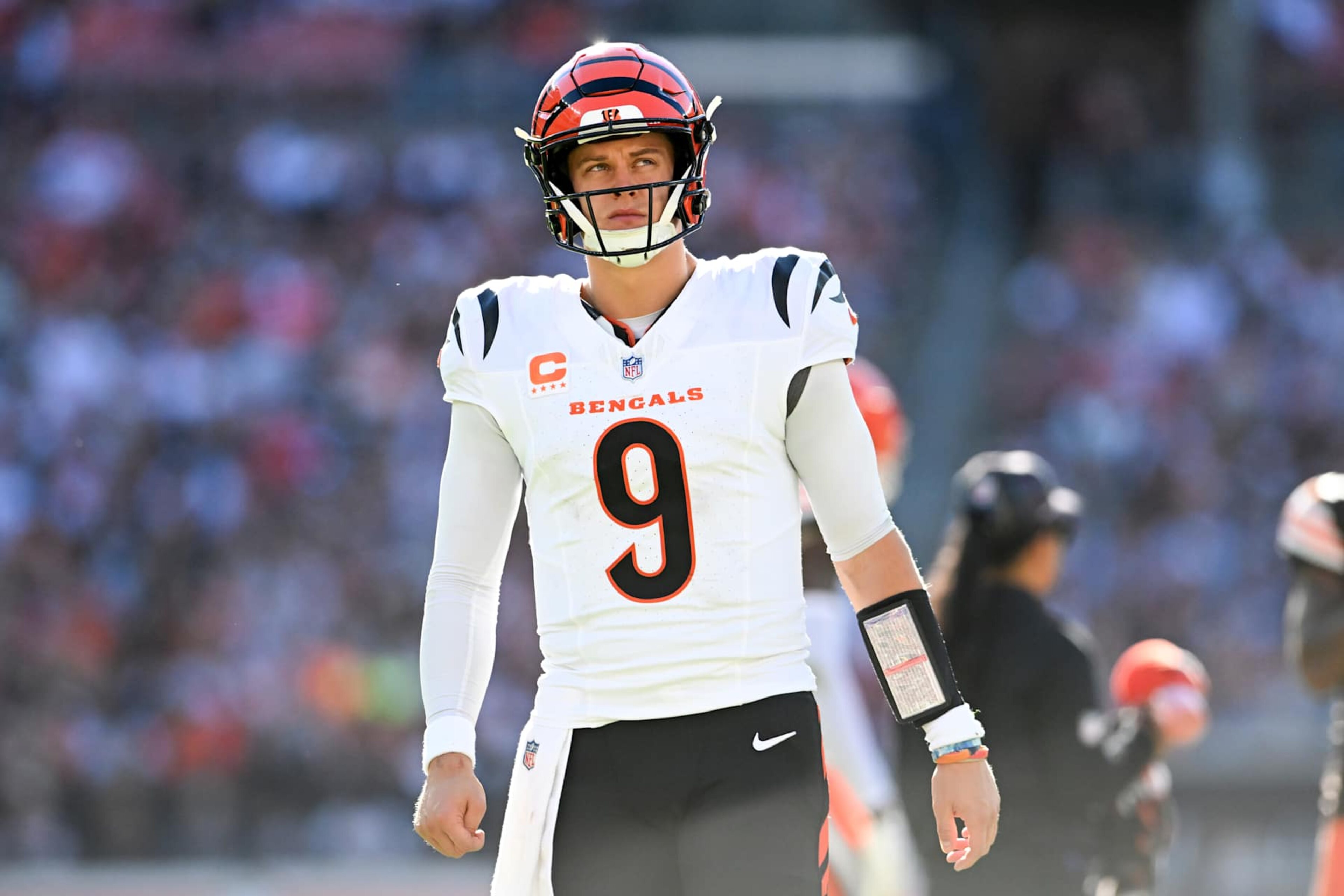 CLEVELAND, OHIO - OCTOBER 20: Joe Burrow #9 of the Cincinnati Bengals looks on during the fourth quarter against the Cleveland Browns at Huntington Bank Field on October 20, 2024 in Cleveland, Ohio. (Photo by Nick Cammett/Diamond Images via Getty Images)
