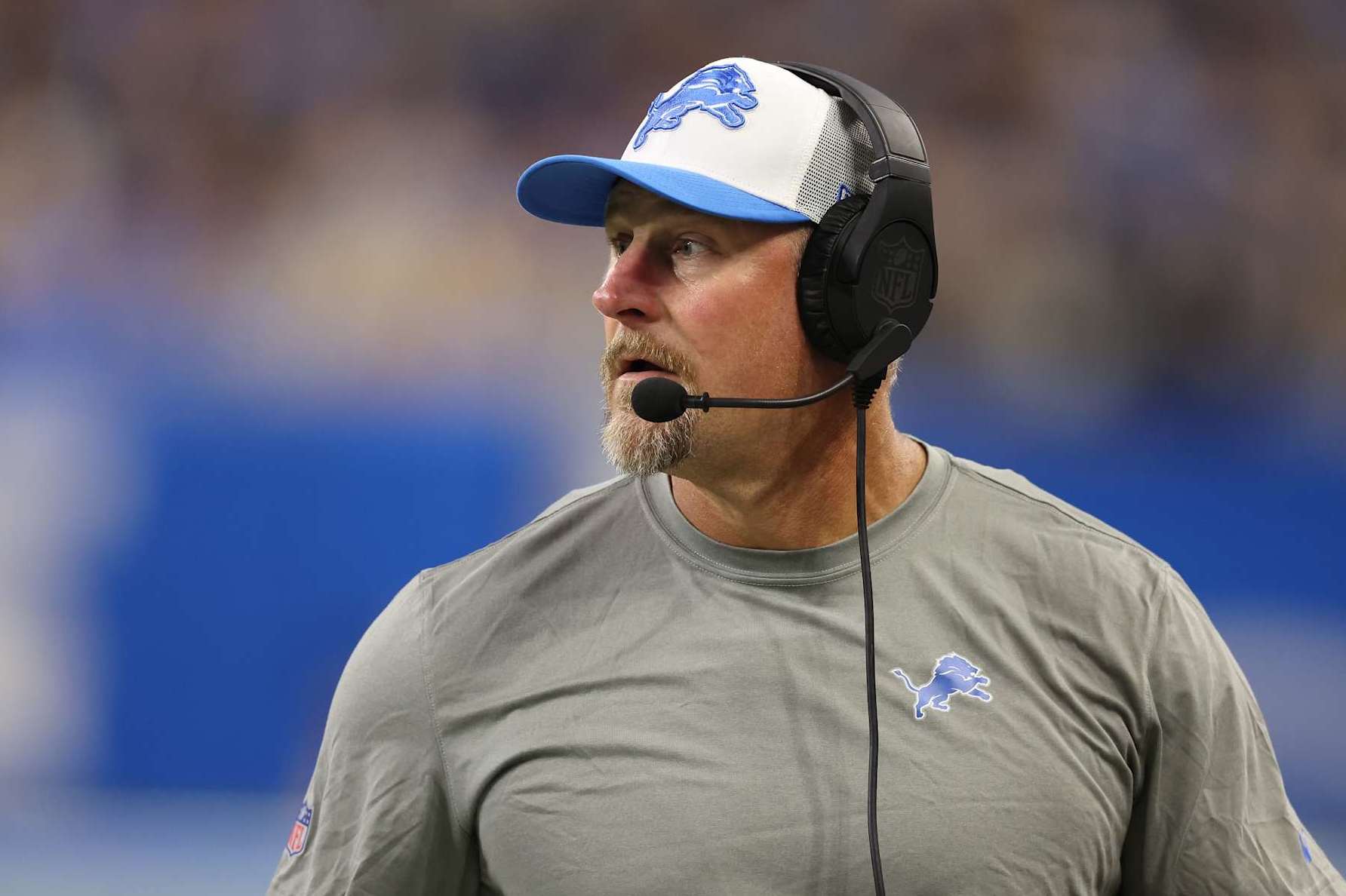DETROIT, MICHIGAN - AUGUST 24: Head coach Dan Campbell of the Detroit Lions looks on in the first half while playing the Pittsburgh Steelers in a preseason game at Ford Field on August 24, 2024 in Detroit, Michigan. (Photo by Gregory Shamus/Getty Images)