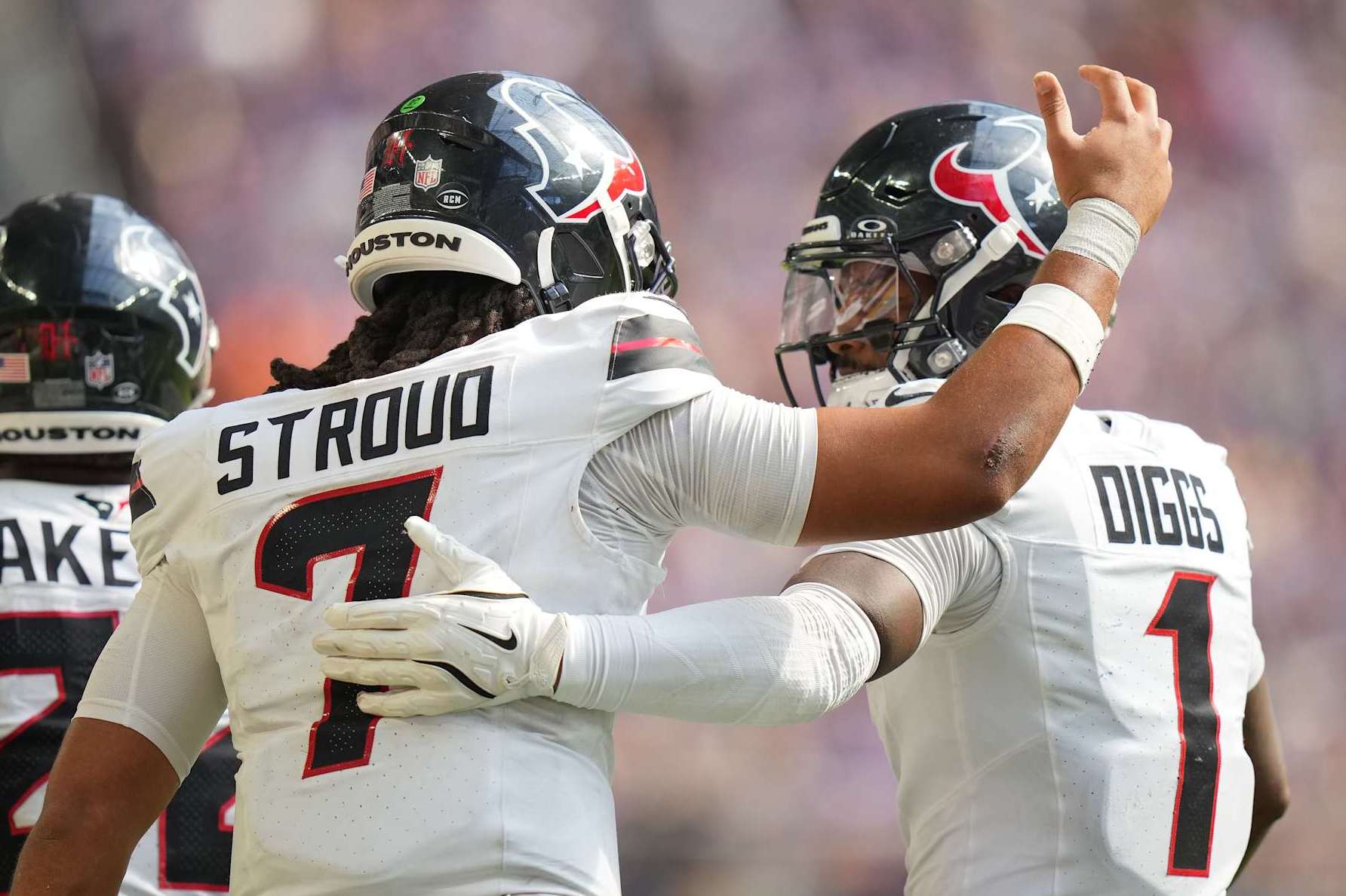MINNEAPOLIS, MINNESOTA - SEPTEMBER 22: Quarterback C.J. Stroud #7 of the Houston Texans celebrates after his touchdown pass against the Minnesota Vikings with Stefon Diggs #1 during the third quarter at U.S. Bank Stadium on September 22, 2024 in Minneapolis, Minnesota. (Photo by Brace Hemmelgarn/Getty Images)