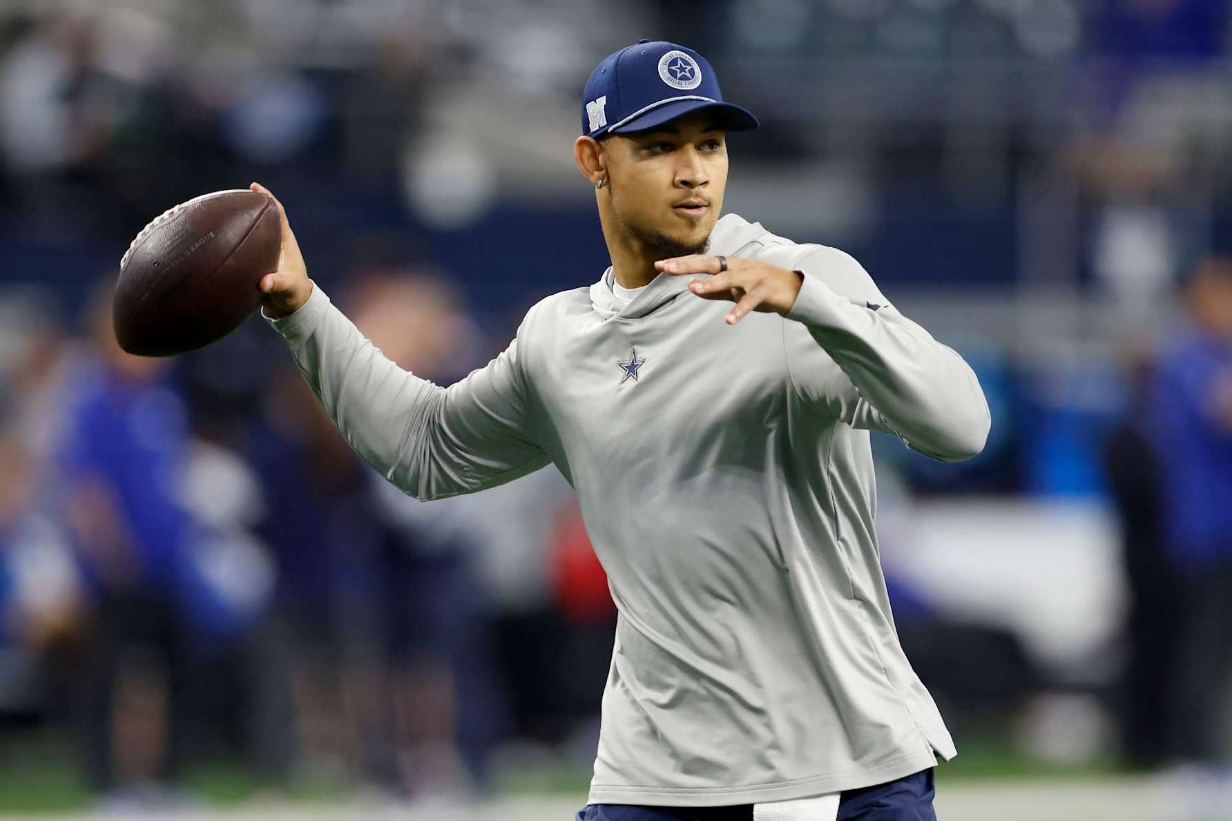 ARLINGTON, TEXAS - NOVEMBER 28: Trey Lance #19 of the Dallas Cowboys warms up prior to the game against the New York Giants at AT&T Stadium on November 28, 2024 in Arlington, Texas. (Photo by Ron Jenkins/Getty Images)