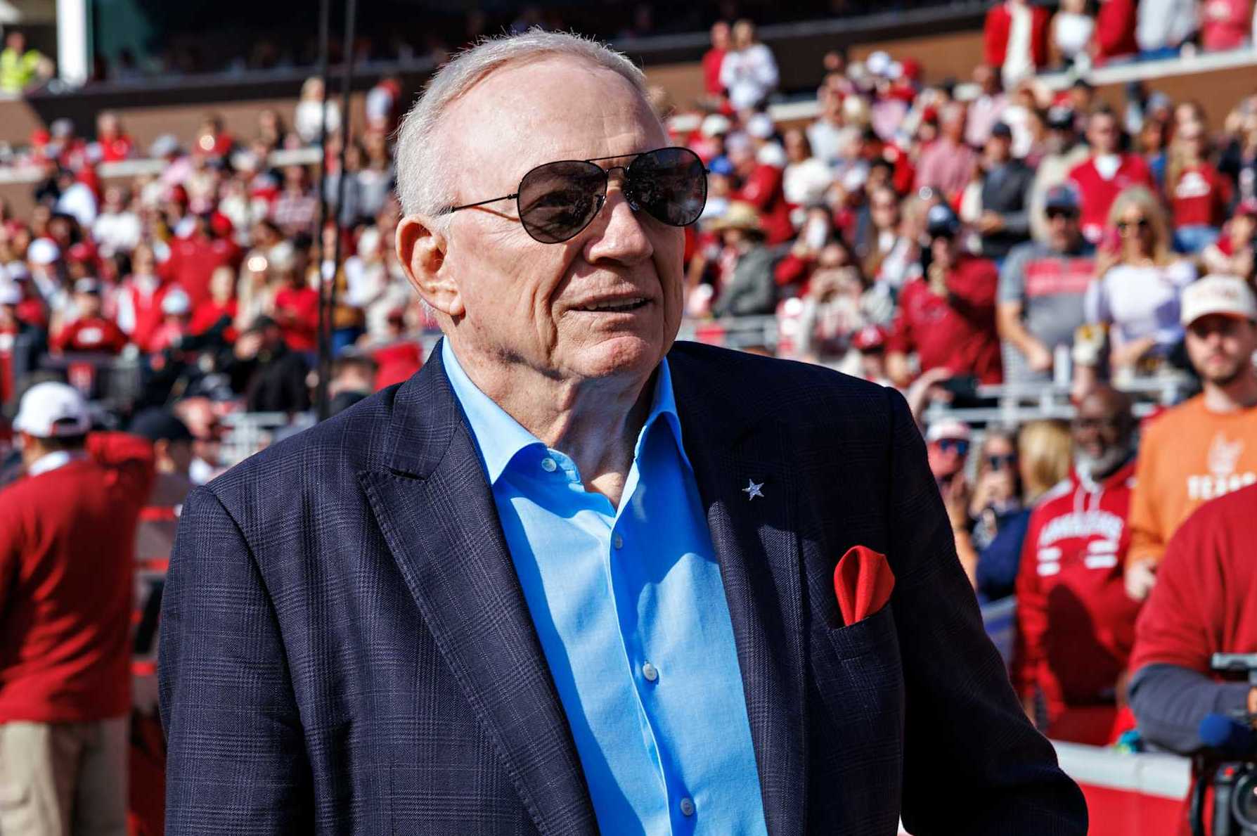 FAYETTEVILLE, ARKANSAS - NOVEMBER 16: Dallas Cowboys owner and Razorback Alumni Jerry Jones on the field during a game between the Texas Longhorns and the Arkansas Razorbacks at Donald W. Reynolds Razorback Stadium on November 16, 2024 in Fayetteville, Arkansas. The Longhorns defeated the Razorbacks 20-10. (Photo by Wesley Hitt/Getty Images)