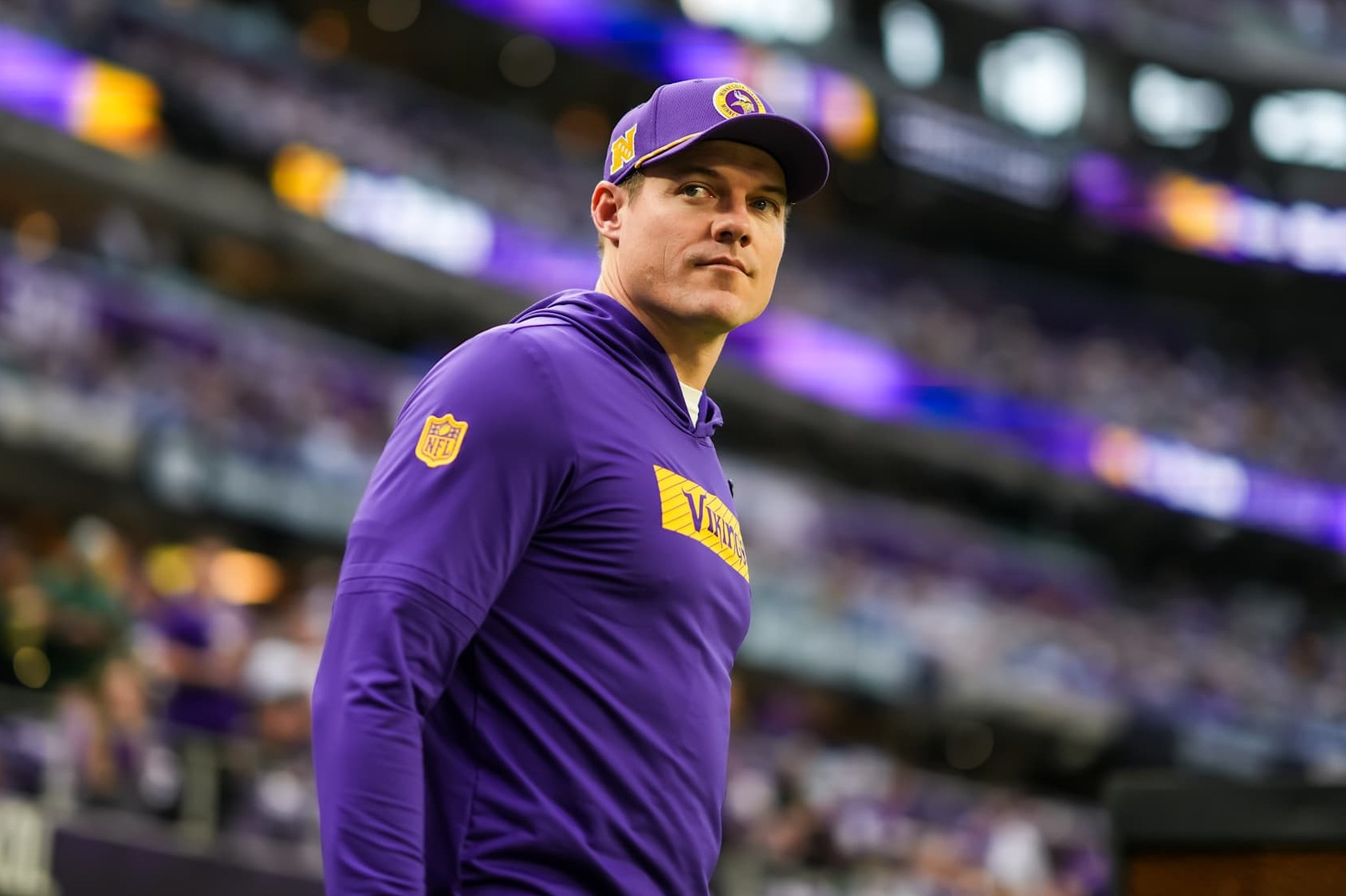 MINNEAPOLIS, MINNESOTA - DECEMBER 29: Head coach Kevin O'Connell of the Minnesota Vikings looks on prior to a game between the Minnesota Vikings and Green Bay Packers at U.S. Bank Stadium on December 29, 2024 in Minneapolis, Minnesota. (Photo by Brace Hemmelgarn/Getty Images)