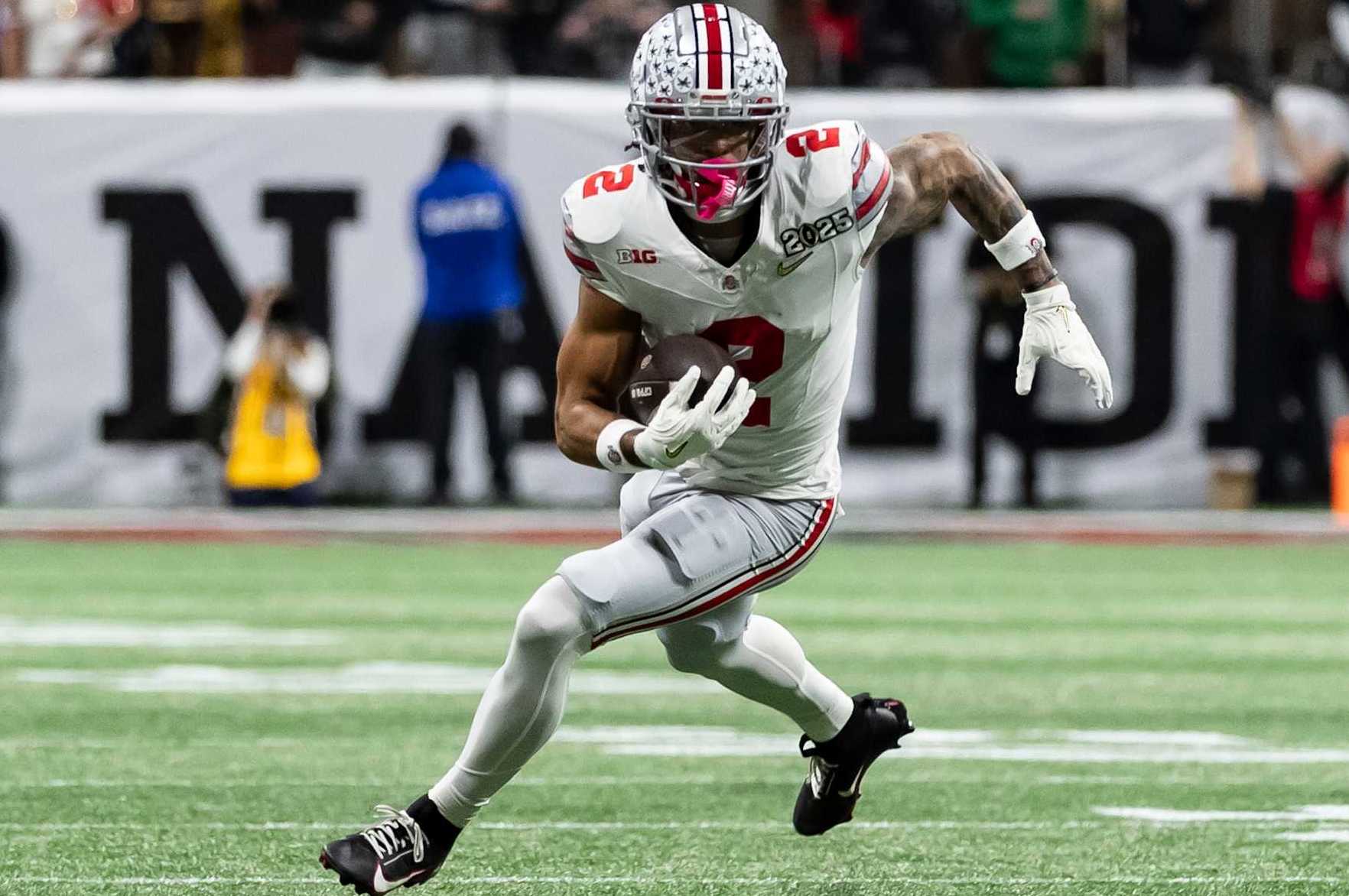 ATLANTA, GEORGIA - JANUARY 20: Emeka Egbuka #2 of the Ohio State Buckeyes runs with the ball during a game between the Ohio State Buckeyes and the Notre Dame Fighting Irish at Mercedes-Benz Stadium on January 20, 2025 in Atlanta, Georgia. (Photo by Steve Limentani/ISI Photos/Getty Images)