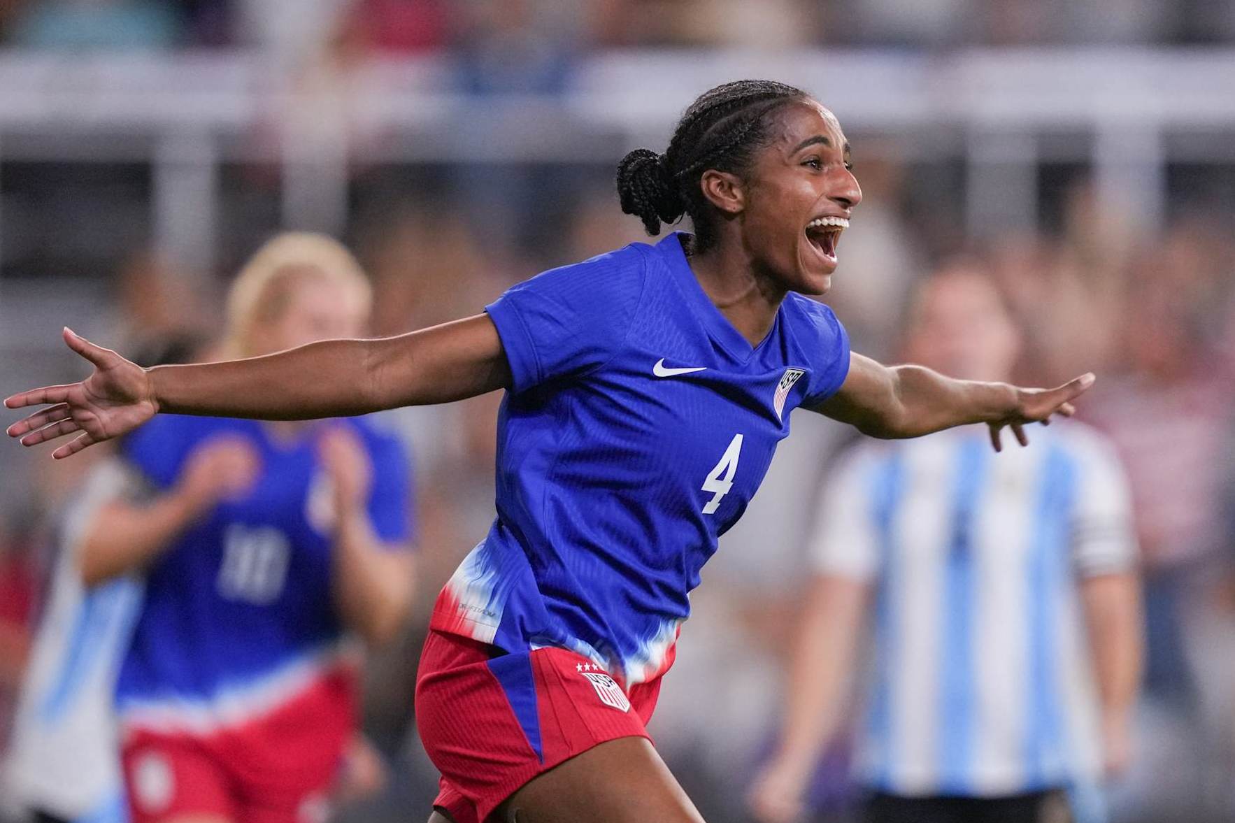 LOUISVILLE, KENTUCKY - OCTOBER 30: Naomi Girma #4 of the United States celebrates scoring during the second half against Argentina at Lynn Family Stadium on October 30, 2024 in Louisville, Kentucky. (Photo by Brad Smith/ISI Photos/USSF/Getty Images for USSF)