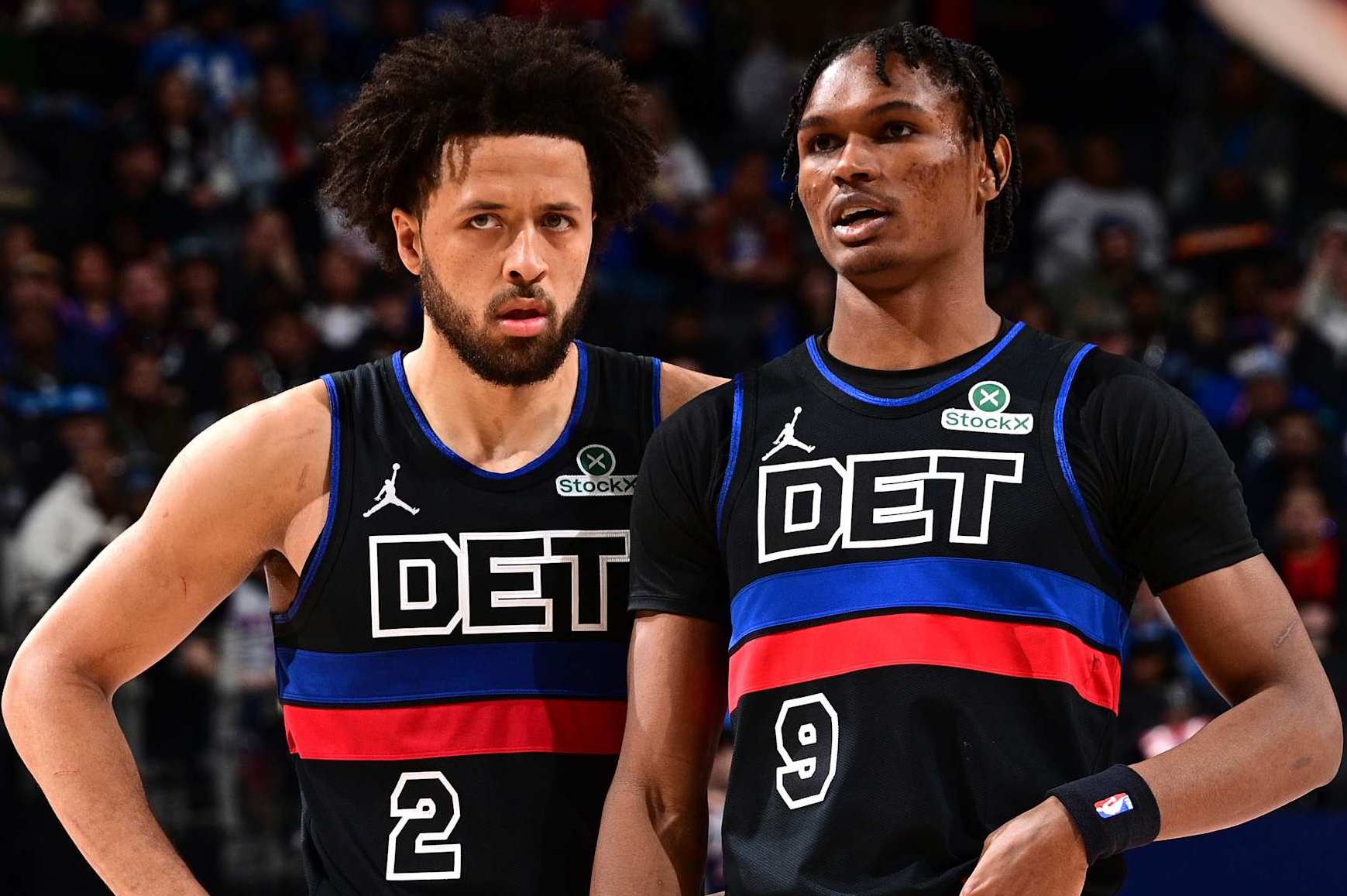 DETROIT, MI - JANUARY 18: Cade Cunningham #2 and Ausar Thompson #9 of the Detroit Pistons look on during the game against the Phoenix Suns on January 18, 2025 at Little Caesars Arena in Detroit, Michigan. NOTE TO USER: User expressly acknowledges and agrees that, by downloading and/or using this photograph, User is consenting to the terms and conditions of the Getty Images License Agreement. Mandatory Copyright Notice: Copyright 2025 NBAE (Photo by Chris Schwegler/NBAE via Getty Images)