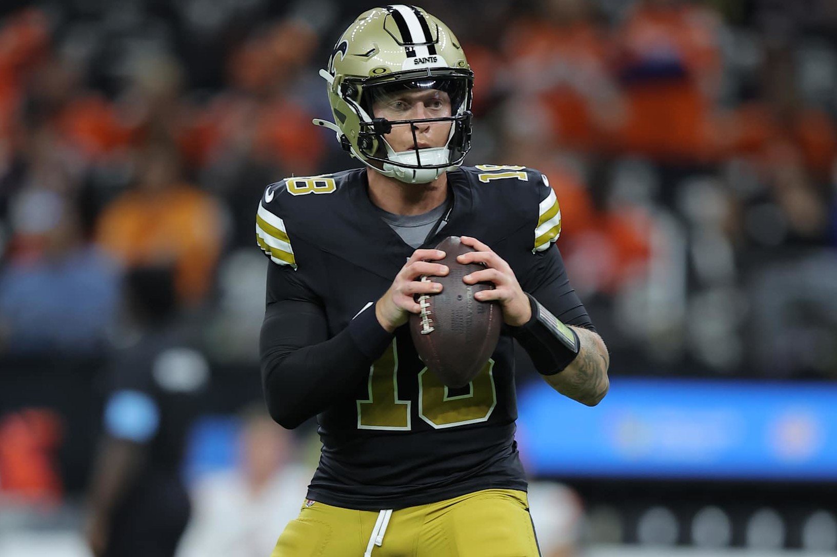 NEW ORLEANS, LOUISIANA - OCTOBER 17: Spencer Rattler #18 of the New Orleans Saints throws the ball against the Denver Broncos during a game at Caesars Superdome on October 17, 2024 in New Orleans, Louisiana. (Photo by Jonathan Bachman/Getty Images)