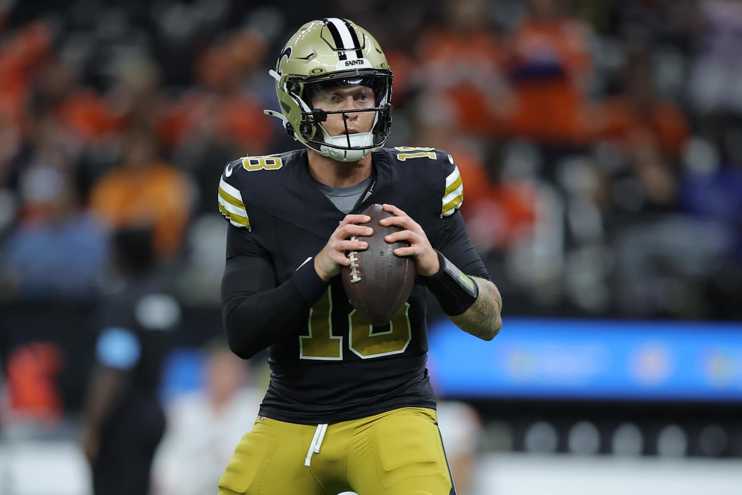 NEW ORLEANS, LOUISIANA - OCTOBER 17: Spencer Rattler #18 of the New Orleans Saints throws the ball against the Denver Broncos during a game at Caesars Superdome on October 17, 2024 in New Orleans, Louisiana. (Photo by Jonathan Bachman/Getty Images) NEW ORLEANS, LOUISIANA - OCTOBER 17: Spencer Rattler #18 of the New Orleans Saints throws the ball against the Denver Broncos during a game at Caesars Superdome on October 17, 2024 in New Orleans, Louisiana. (Photo by Jonathan Bachman/Getty Images)