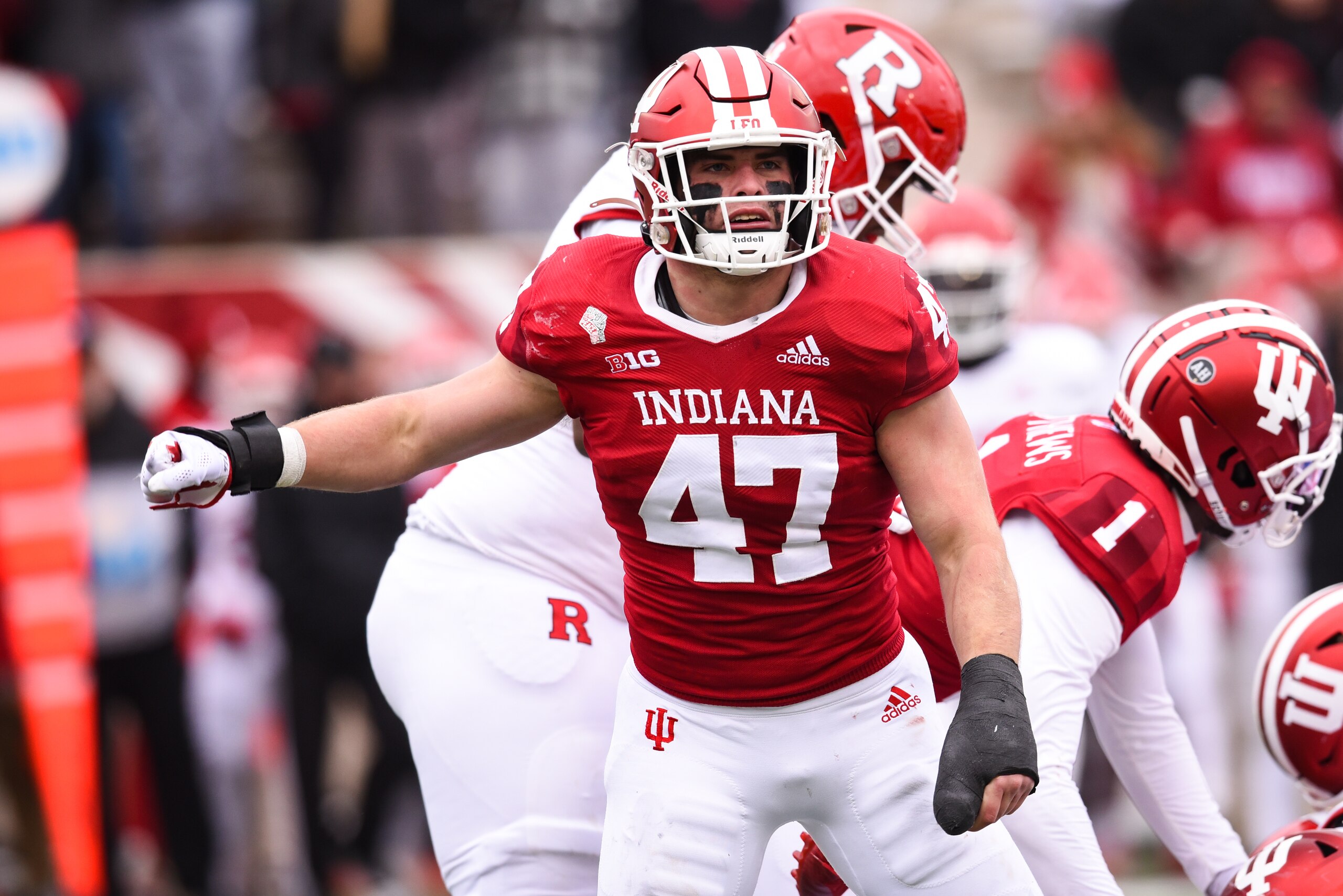BLOOMINGTON, IN - NOVEMBER 13: Indiana LB Micah McFadden (47) during a college football game between the Rutgers Scarlet Knights and Indiana Hoosiers on November 13, 2021 at Memorial Stadium in Bloomington, IN. (Photo by James Black/Icon Sportswire via Getty Images) BLOOMINGTON, IN - NOVEMBER 13: Indiana LB Micah McFadden (47) during a college football game between the Rutgers Scarlet Knights and Indiana Hoosiers on November 13, 2021 at Memorial Stadium in Bloomington, IN. (Photo by James Black/Icon Sportswire via Getty Images)