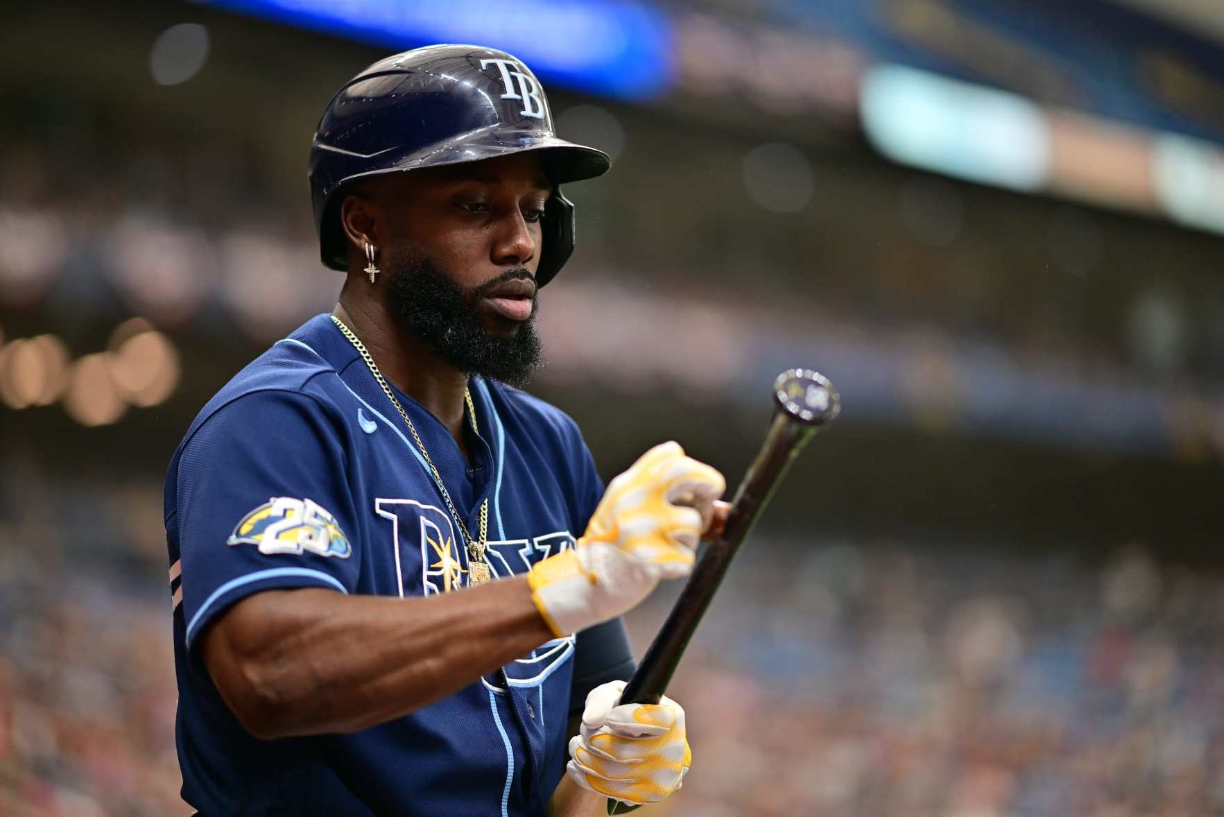 ST PETERSBURG, FLORIDA - OCTOBER 04: Randy Arozarena #56 of the Tampa Bay Rays prepares to bat in the first inning against the Texas Rangers during Game Two of the Wild Card Series at Tropicana Field on October 04, 2023 in St Petersburg, Florida. (Photo by Julio Aguilar/Getty Images)